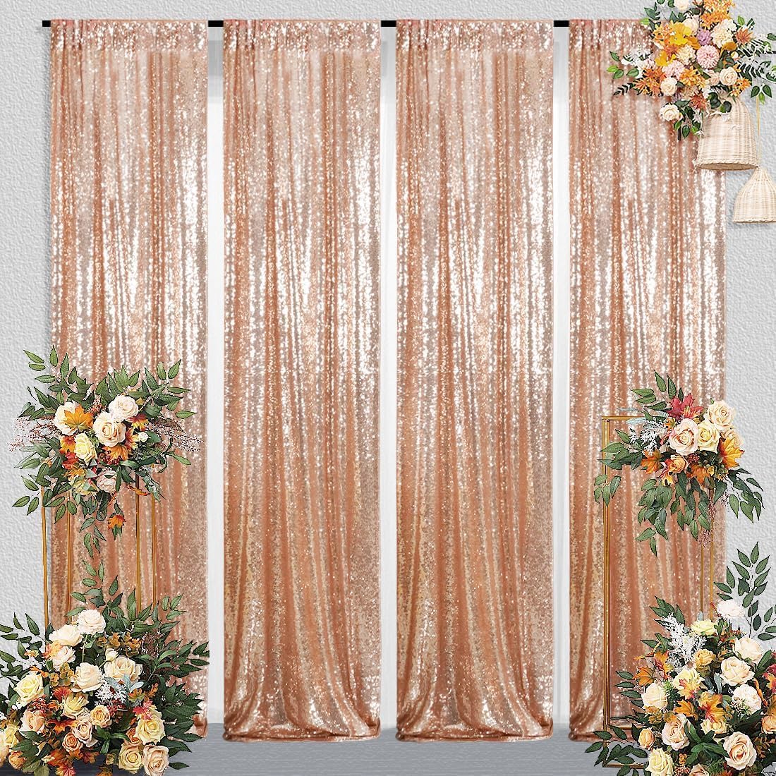 Juya Delight Rose Pink Sequin Photo Backdrop - 2ft x 8ft Glitter Curtain for Wedding, Birthday Party, Baby Shower Decorations - 2 Pack Sparkling Rose Gold Background for Photography & Event Decor