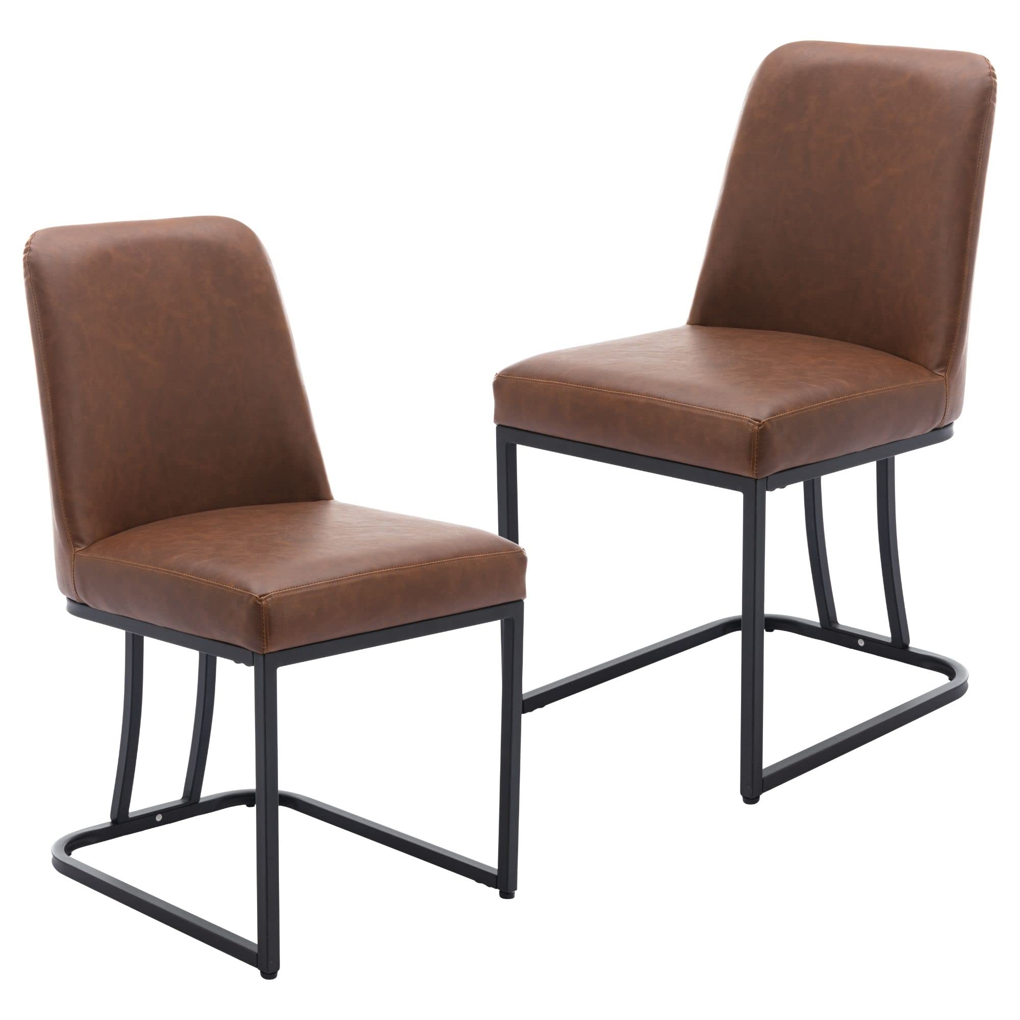 2-Piece Modern High Back Dining Chairs Set - Faux Leather Upholstered Armless Side Chairs for Dining Room & Living Room - Brown - Perfect for Small Spaces, Kitchen Nooks & Apartment Dining Areas