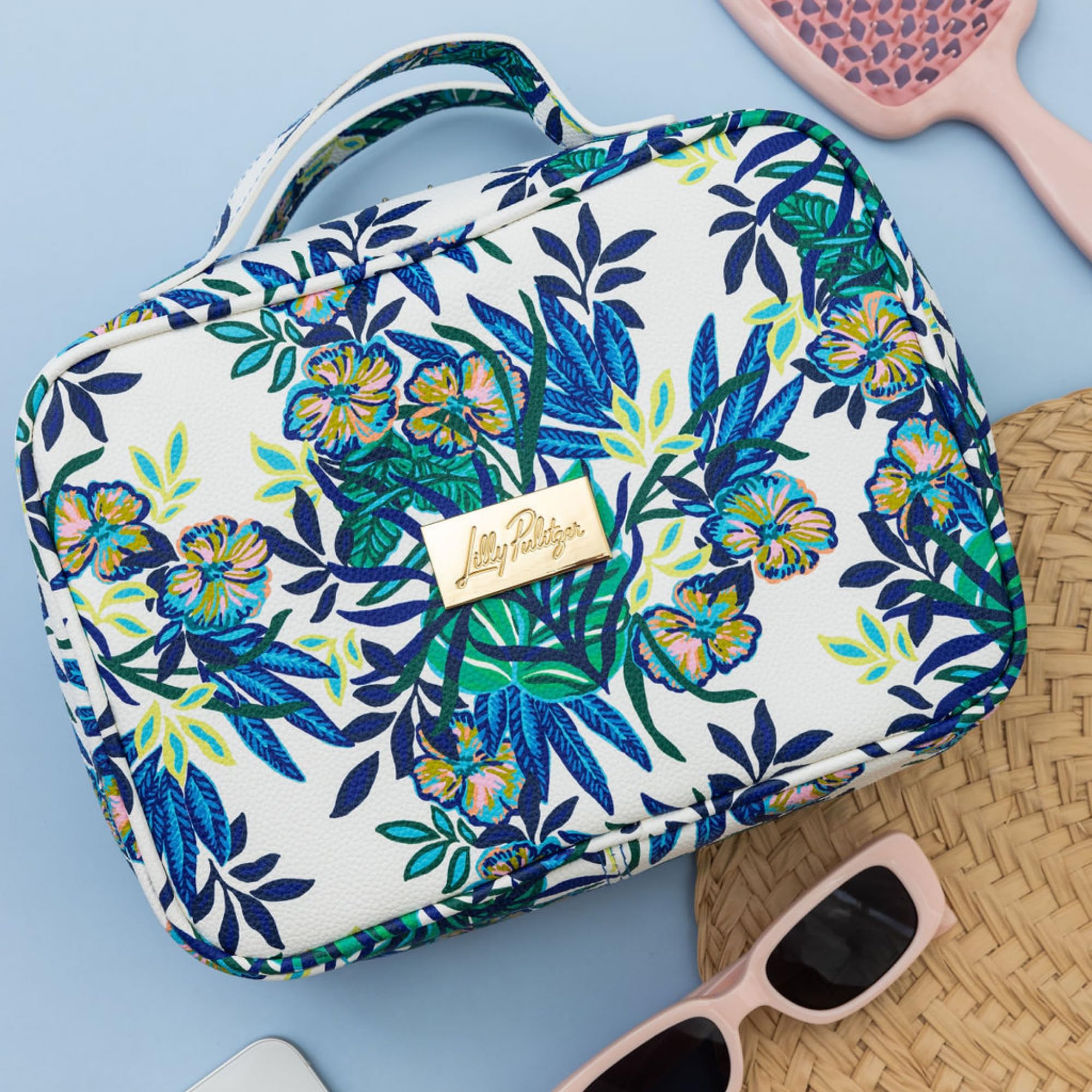 Lilly Pulitzer Cosmetic Bag with Two Zippered Pockets, Clear Vinyl Window & Handles - Waterproof Travel Toiletry Organizer & Makeup Case with Gold Accents | Perfect for Vacation, Gym, Weekend Getaways & Airplane Carry-On
