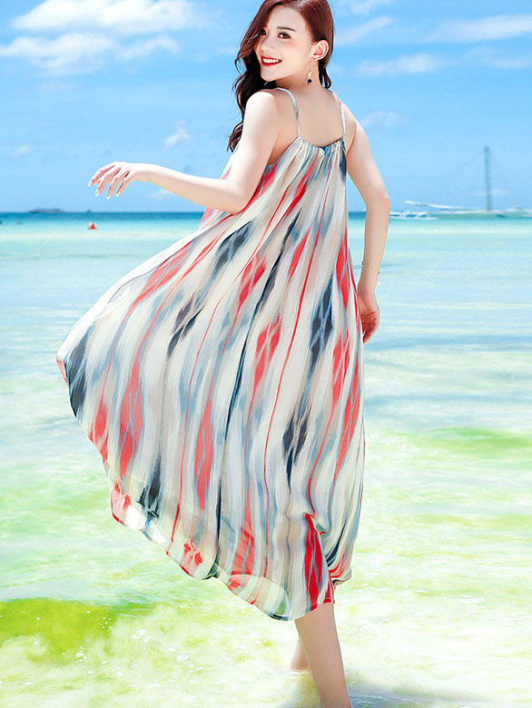 Color Block Print Belted Tea Length Beach Dress - Flowy Summer Cover Up for Women, Boho Chic Swimwear Cover, Vacation Outfit for Poolside, Seaside & Tropical Getaways