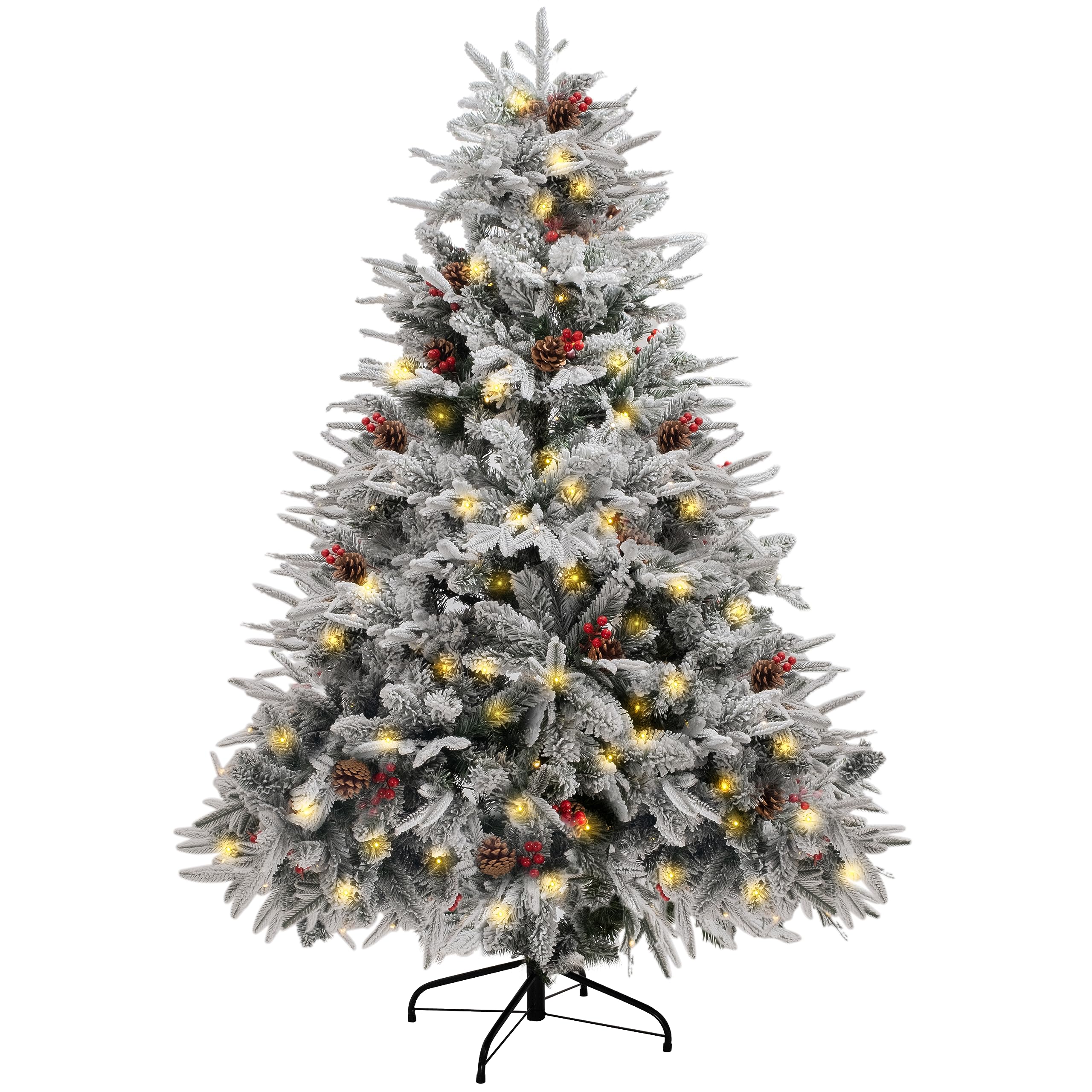GEX 6ft Pre-Lit Flocked White Artificial Christmas Tree with Warm Yellow LED Lights, 8 Lighting Modes, Berries & Pinecones - Perfect for Living Room, Office Holiday Decor (Flocked White, 6 Feet)