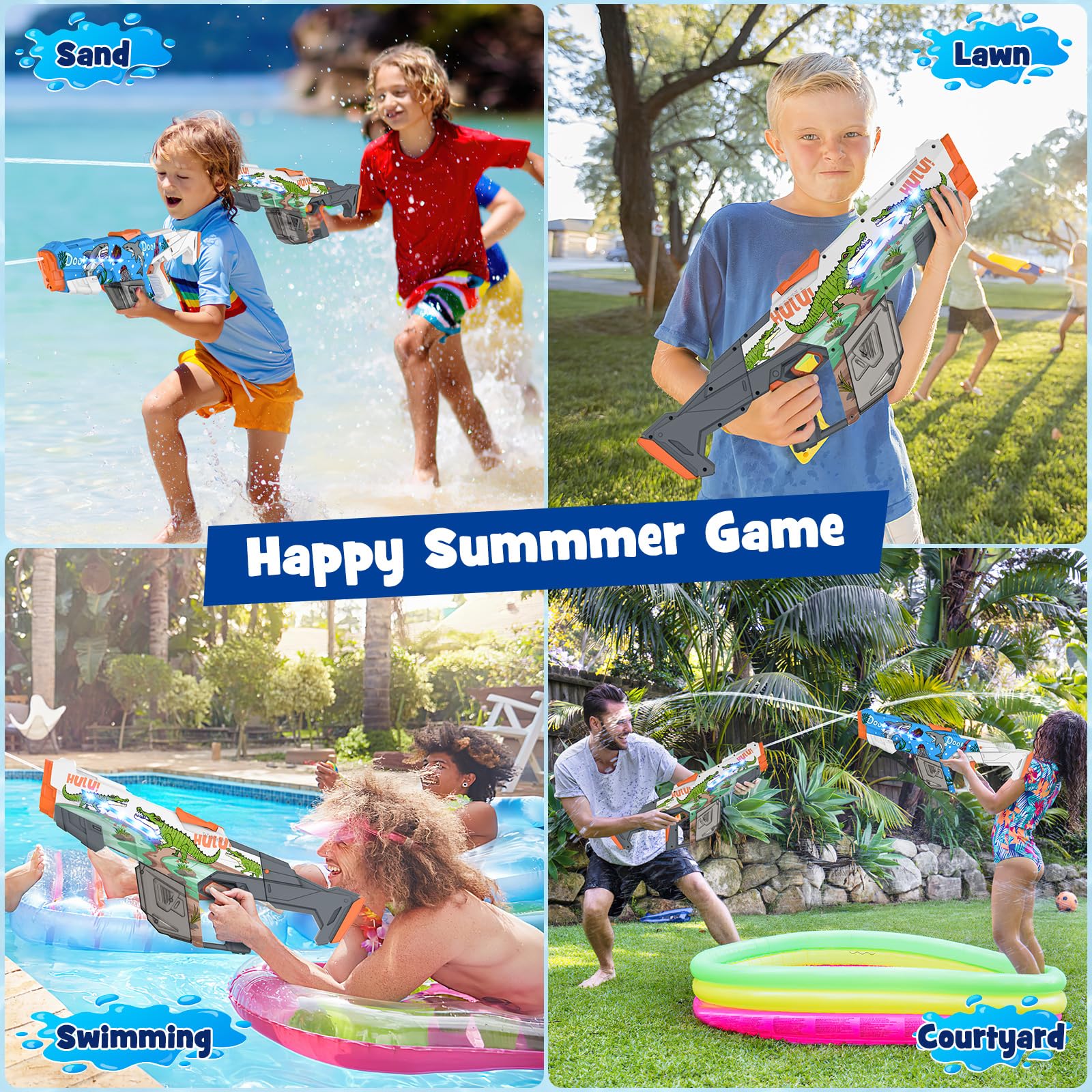 CFITANK Electric Water Gun for Kids & Adults - High-Powered Outdoor Water Blaster with LED Light, Fun Cartoon Water Toy for Summer Pool Parties, Beach Games & Backyard Battles (White)