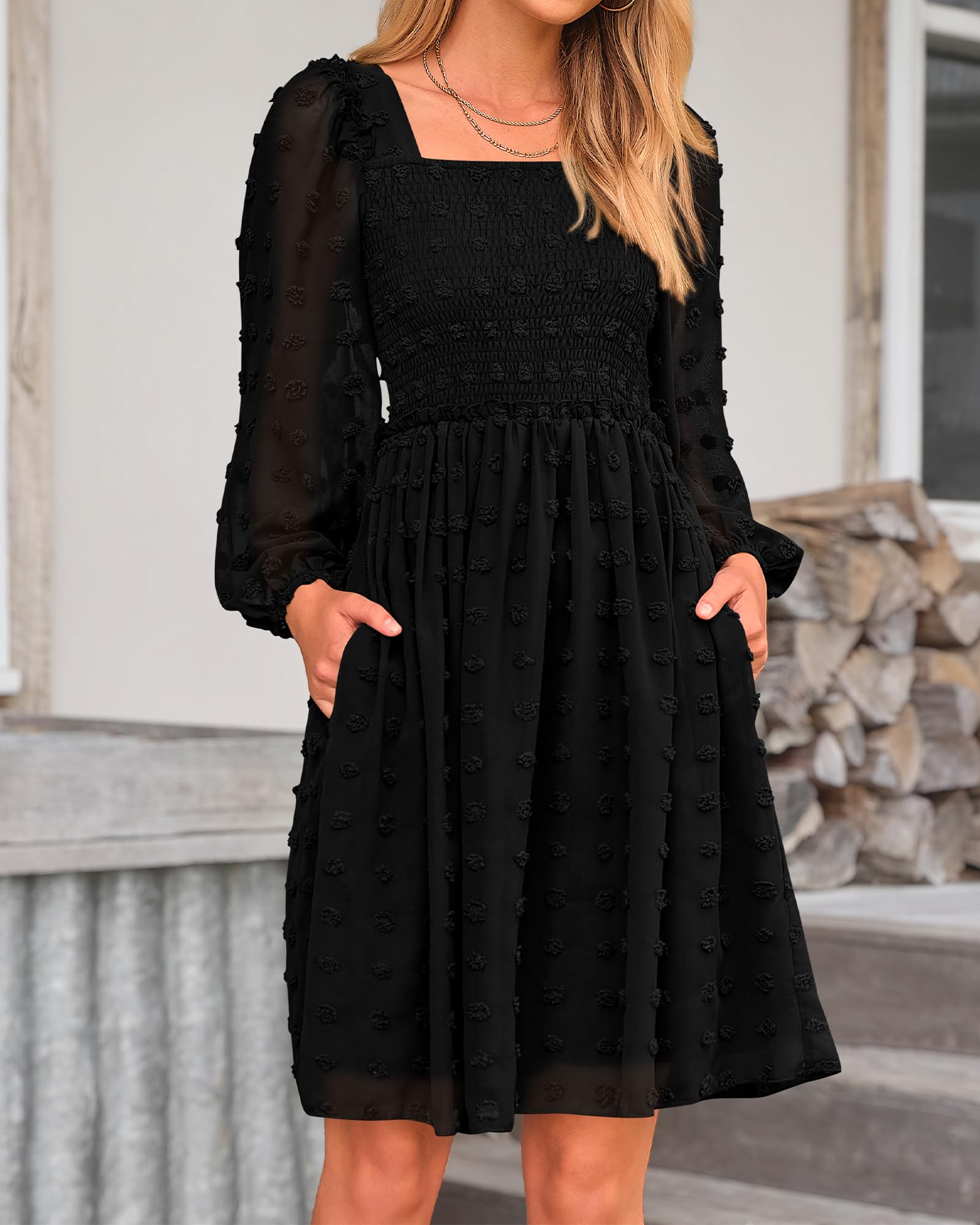 BTFBM Women's Floral Swiss Dot Smocked Mini Dress - Square Neck Long Sleeve Boho Dress for Wedding Guest, Spring & Summer 2025 | Perfect for Garden Parties, Bridal Showers & Date Nights