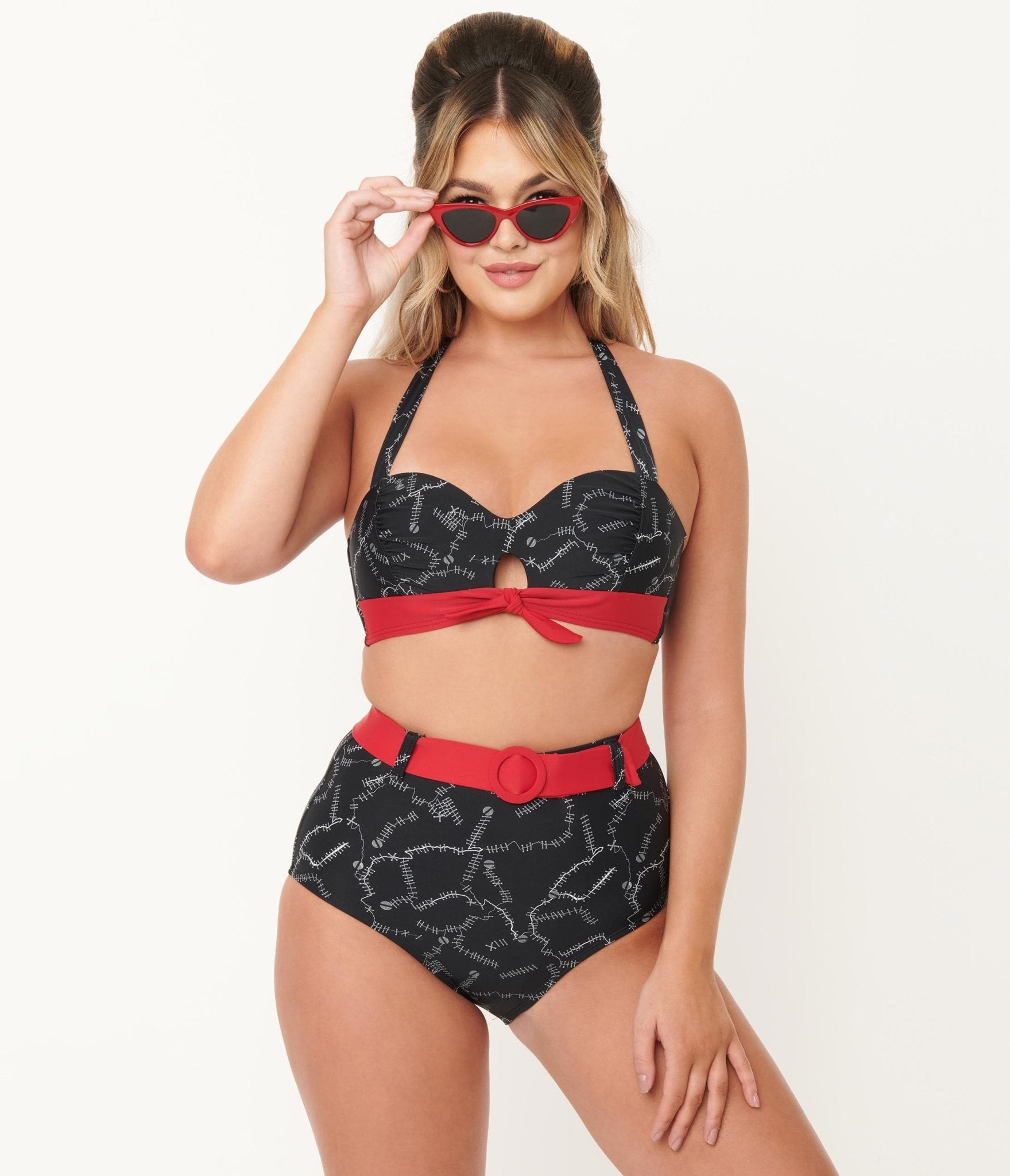Vintage Black Spooky Stitches Belted Redondo Swim Bottoms - Retro High Waist Swimwear for Women, Plus Size Bathing Suit Bottoms - Perfect for Beach, Pool, and Summer Vacations