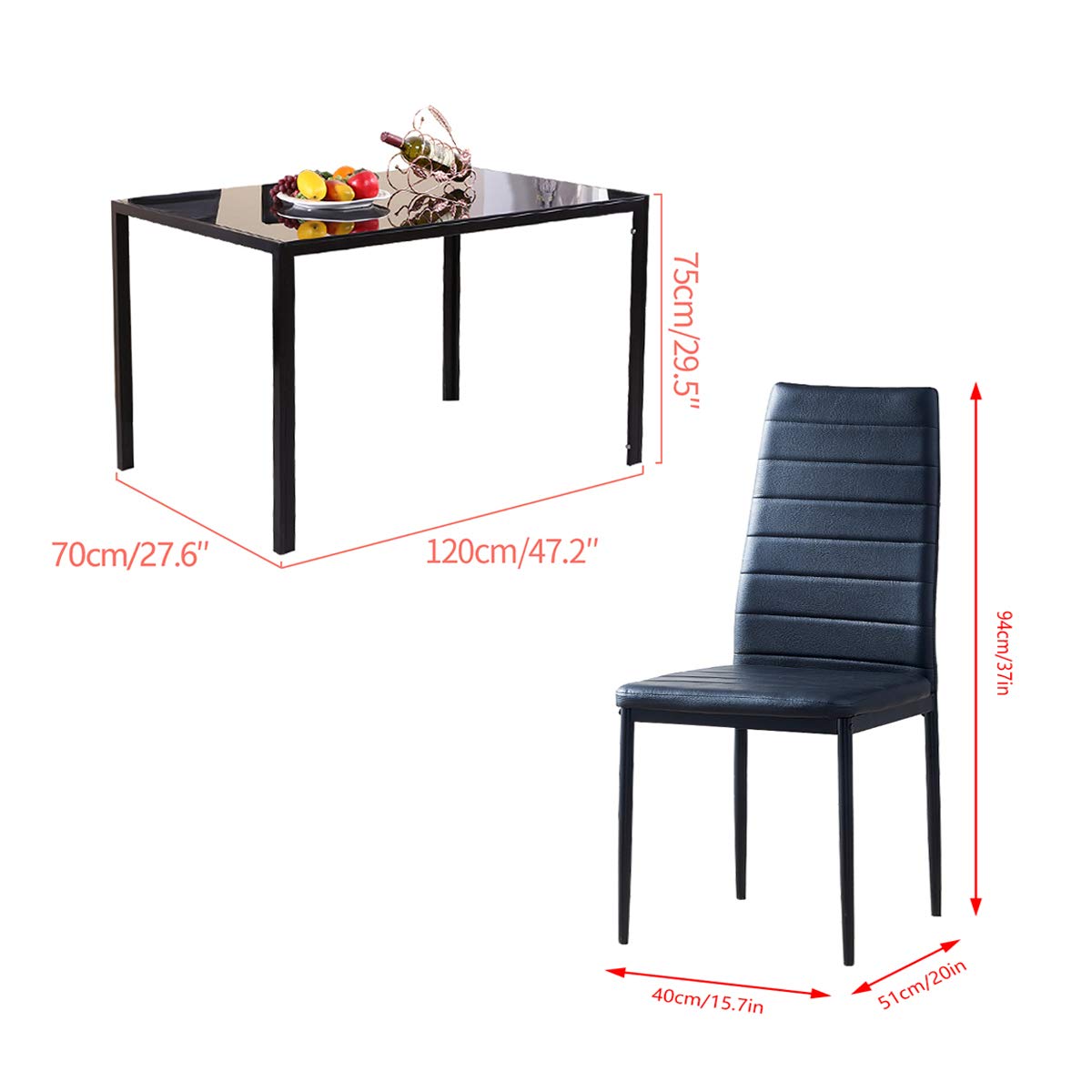 Modern 7-Piece Glass Dining Table Set with 6 Faux Leather High Back Chairs - Black Contemporary Kitchen & Restaurant Furniture for Home Dining Room, Small Space, and Commercial Use