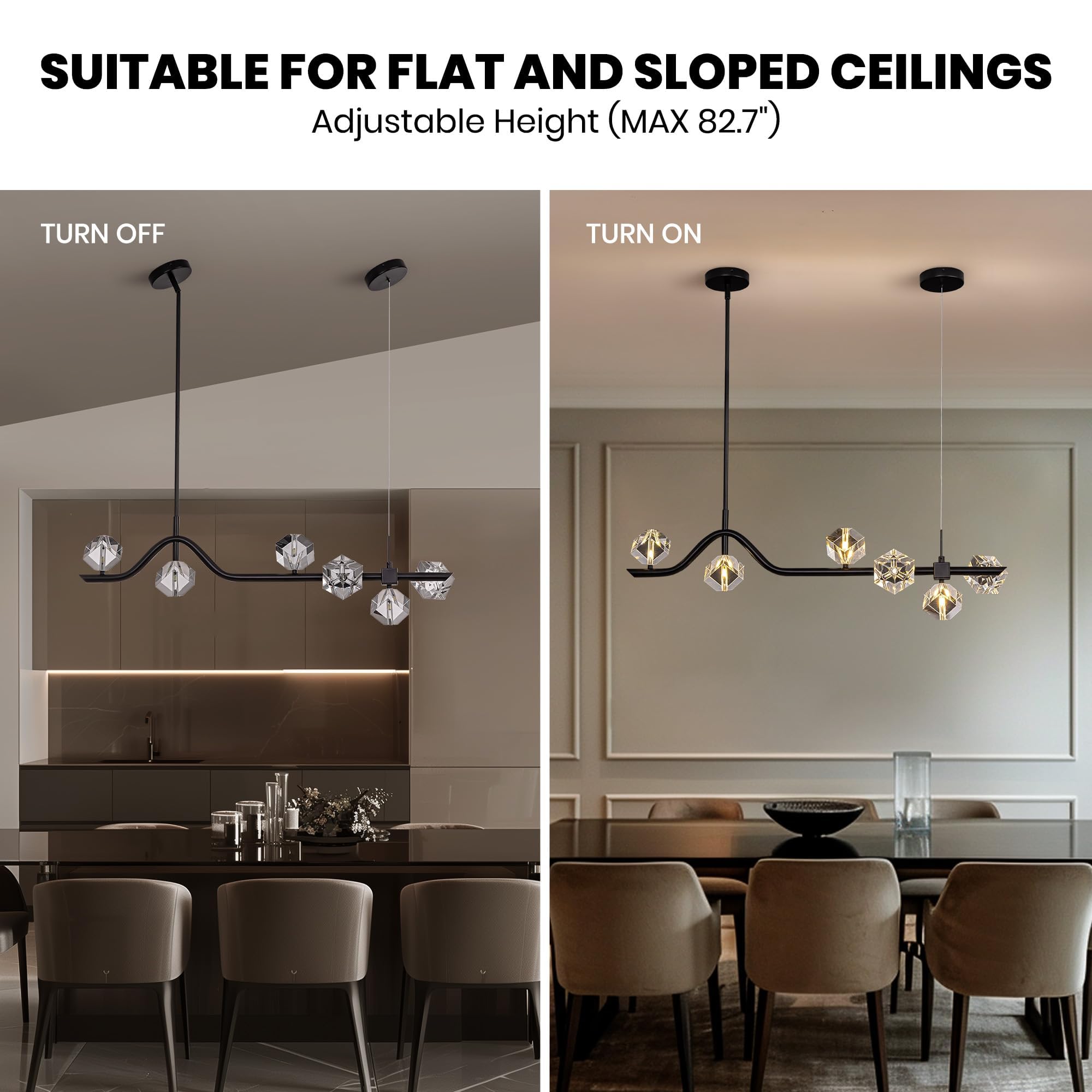 Modern 6-Light Black Crystal Chandelier for Dining Room, Living Room & Kitchen Lighting, Elegant Ceiling Light Fixture Over Table, Perfect for Home Decor and Ambient Illumination