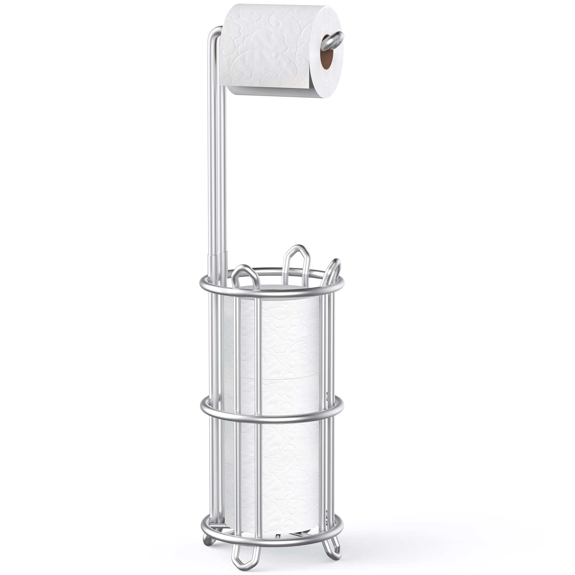 Meangood Free Standing Toilet Paper Holder Stand - Metal Wire Tissue Roll Dispenser for 4 Mega Rolls, Bathroom Storage Rack (Silver) | Perfect for Home, Office & RV Bathroom Organization