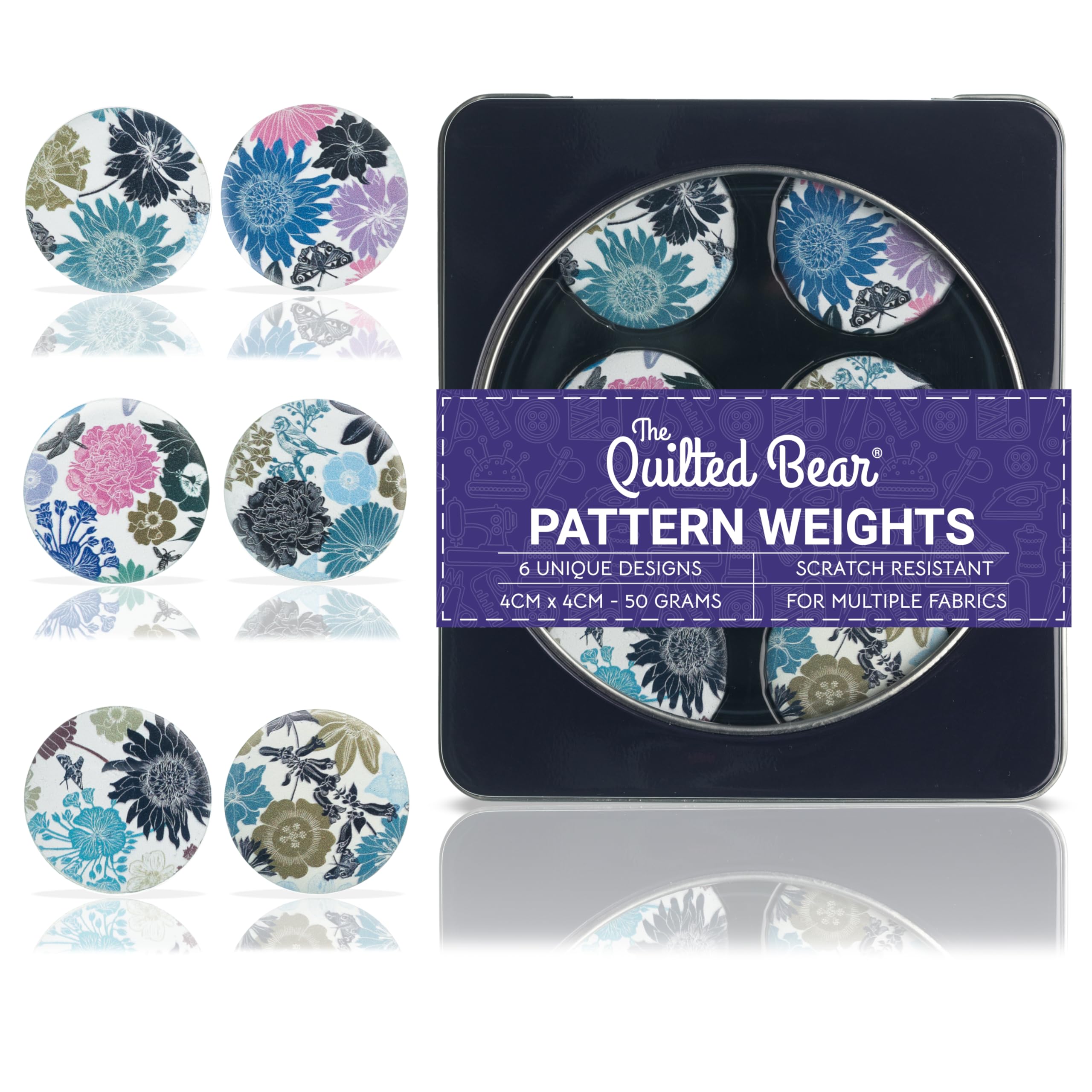 Quilted Bear Pattern Weights Set of 6 (40mm) - Scratch Resistant Fabric Weights for Sewing, Quilting & Crafting - Floral Design by Kate Heiss - Perfect for DIY Projects, Dressmaking & Fabric Cutting