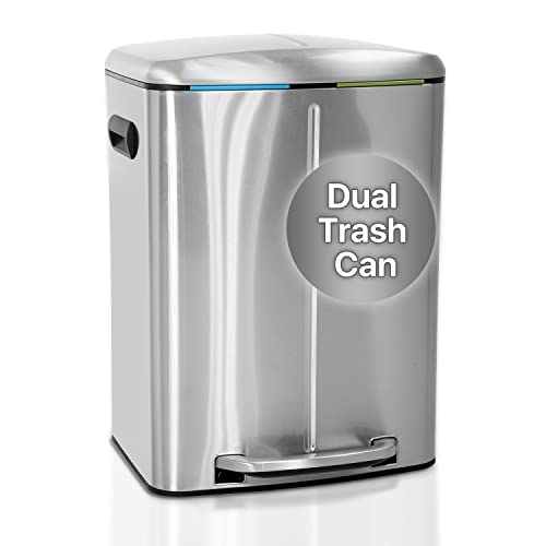Stainless Steel 10 Gallon Kitchen Trash Can with Lid - Fingerprint Proof, Step Pedal, Double Barrel Design for Bedroom, Bathroom & Office - High Capacity 40L Garbage Bin for Home, Kitchen & Commercial Use