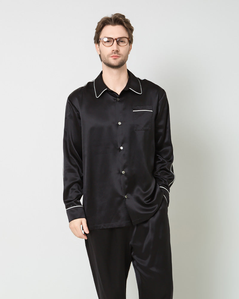 Luxury Men's Silk Pajama Set with Contrast Piping - Soft & Breathable Sleepwear for Comfortable Nights - Perfect for Lounging, Travel & Relaxation at Home