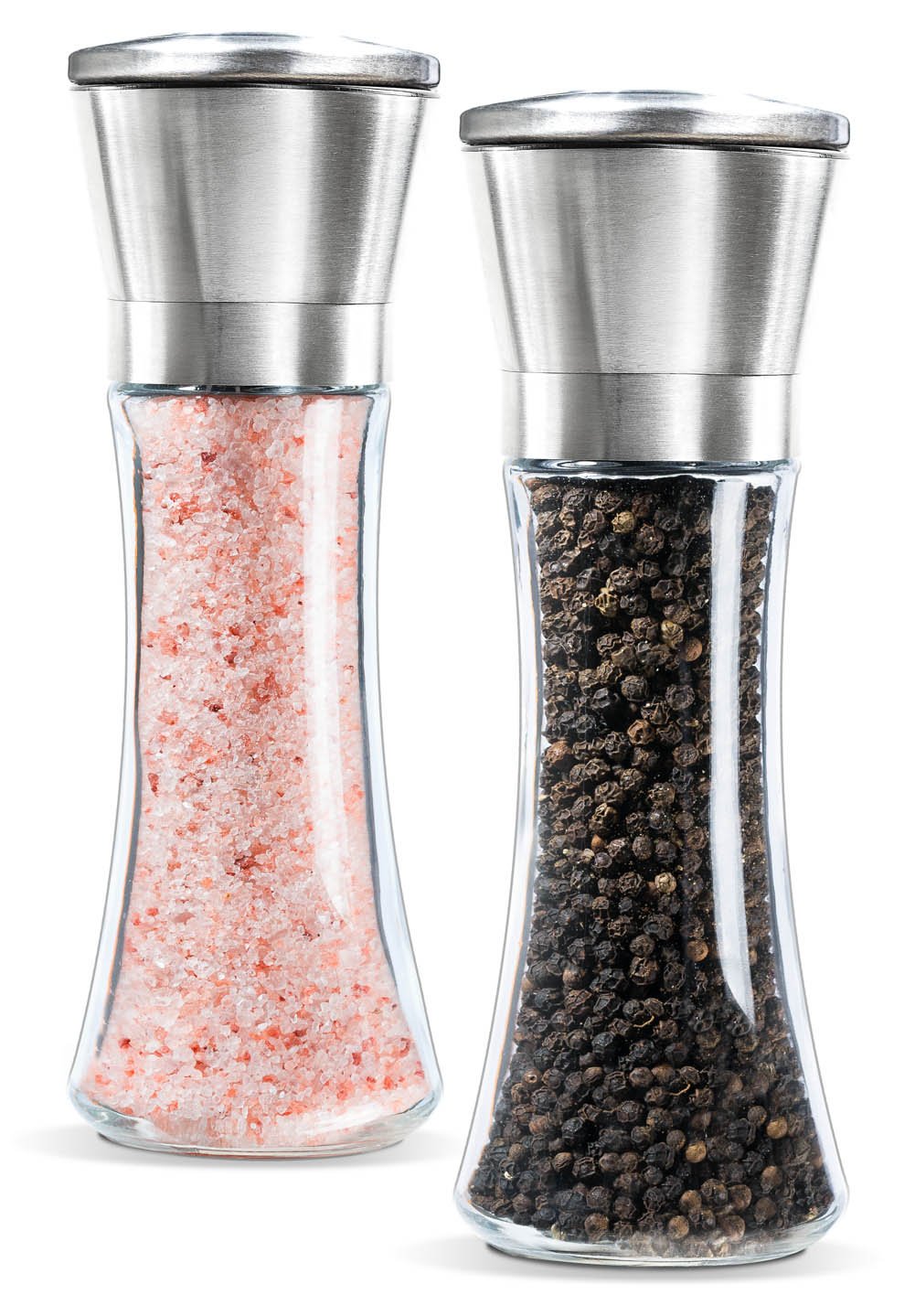 Premium Stainless Steel Salt and Pepper Grinder Set - Adjustable Ceramic Rotor, Glass Body, Tall Size (2-Piece) - Perfect for Kitchen, Dining Table & Gourmet Cooking