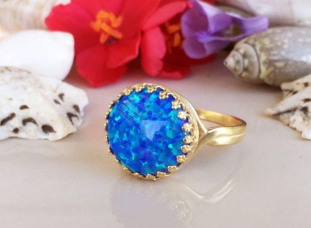 Blue Opal Ring - 14K Gold October Birthstone Ring - Round Crown Bezel Setting Gemstone Jewelry - Elegant Cocktail & Party Ring for Women - Perfect Gift for Birthdays, Anniversaries & Special Occasions