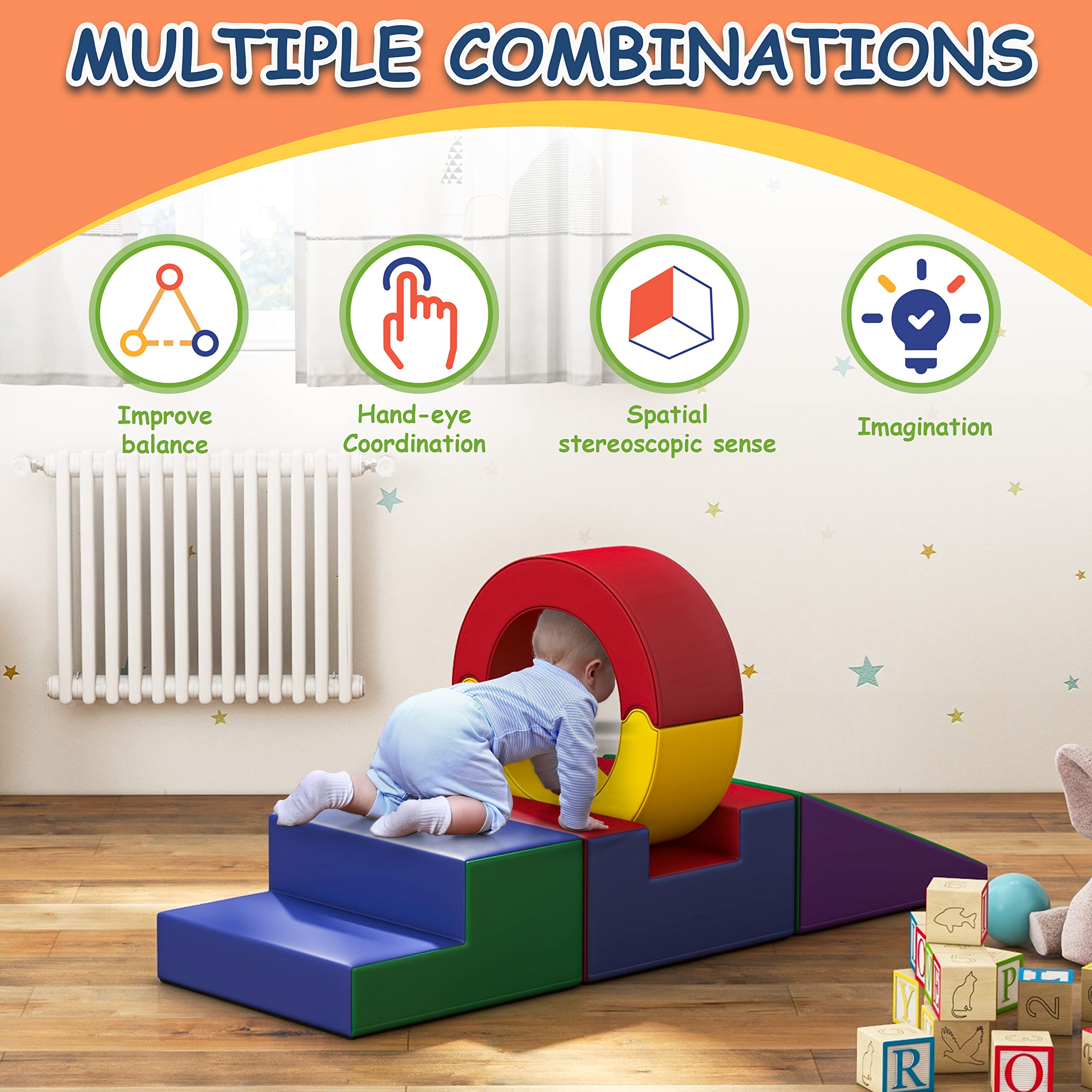 **Foam Climbing Toys for Toddlers - 4-Piece Soft Play Set for Kids, Safe Indoor Crawl Tunnel & Gym Mat, Non-Toxic & Easy to Clean - Perfect for Playrooms, Daycares & Toddler Gyms**