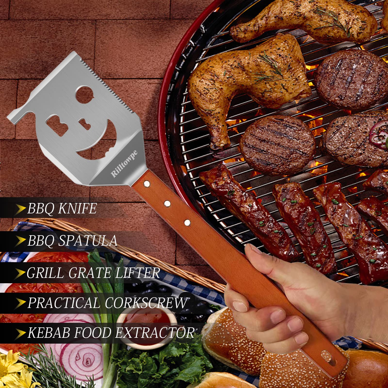 Premium Stainless Steel BBQ Grill Spatula with Wooden Handle - Heavy Duty Outdoor Grilling Tool for Burgers, Steaks & Vegetables - Perfect BBQ Accessories & Gifts for Men - Ideal for Backyard Cookouts, Camping & Tailgating Parties