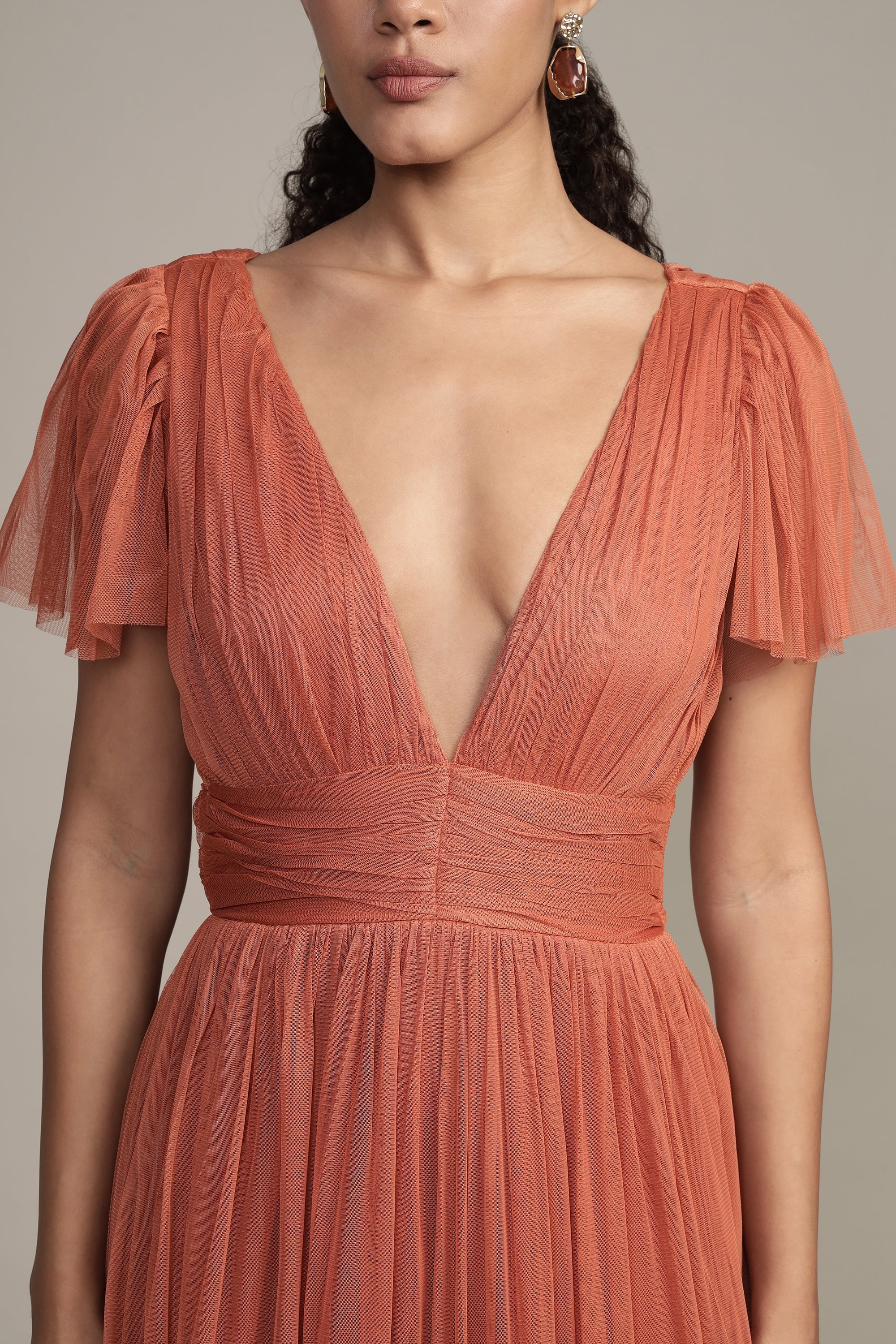 Madison Terracotta Pink Tulle Bridesmaid Midi Dress - Elegant Wedding Party Gown for Bridesmaids, Formal Events & Special Occasions