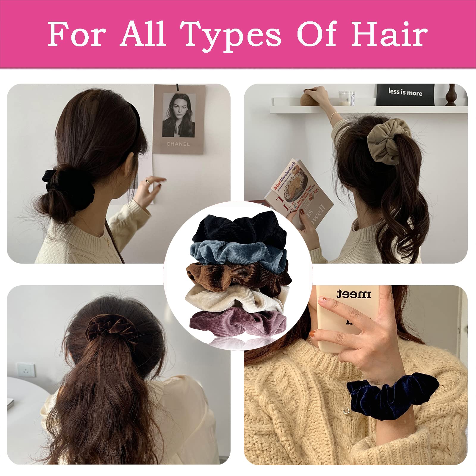 Soft Velvet Scrunchies for Women & Girls - Stretchy Hair Ties, Elastic Hair Bands, Gentle Bobbles in Dark Colors - Perfect for School, Work, Gym & Everyday Hairstyles
