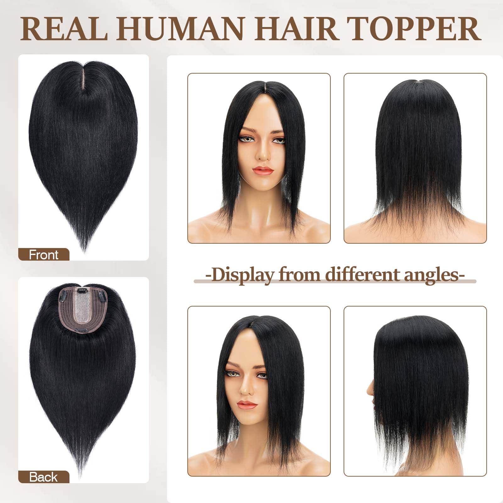 100% Human Hair Toppers for Women - Remy Clip-In Hair Topper with Silk Base for Thinning Hair, 14 Inch Jet Black (#1) | Perfect for Daily Wear, Special Occasions & Hair Volume Enhancement