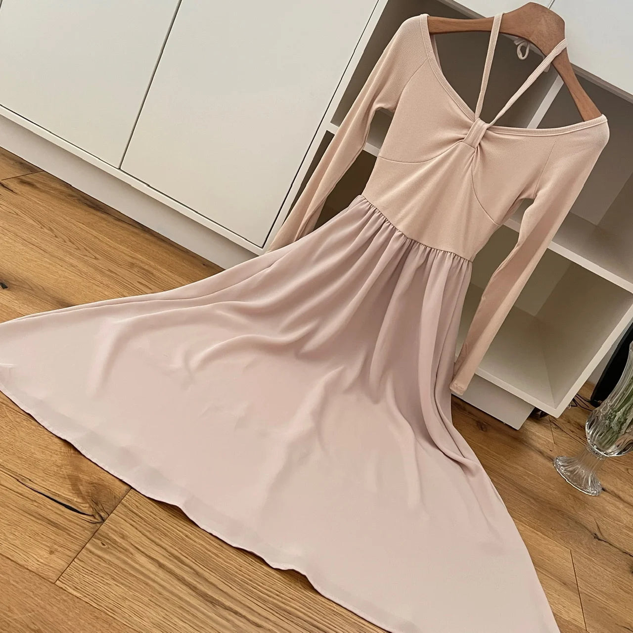 Elegant Khaki Long Sleeve High Waist Pleated Dress for Women - Korean Style Backless Round Neck Halter Lace Up Dress - Perfect for Fall Fashion, Date Nights & Casual Outings