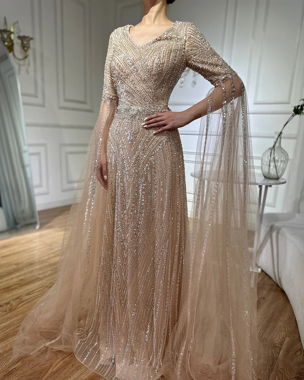 Luxury Dubai Caramel A-Line Beaded Saudi Arabic Evening Gown with Cape Sleeves - Elegant Wedding Party Dress for Brides, Formal Events & Special Occasions | LA72798