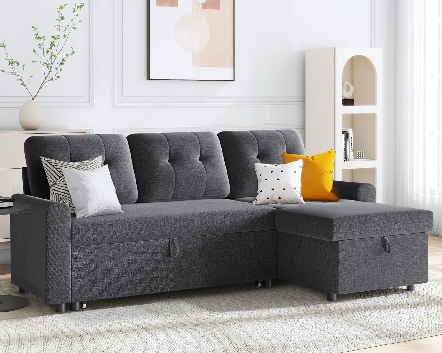 IULULU L-Shaped Sectional Sofa with Pull-Out Bed & Storage Chaise - 2-in-1 Convertible Sleeper Sofa for Small Spaces, Living Room & Apartment - Modern Grey Fabric Couch for Relaxing & Hosting Guests