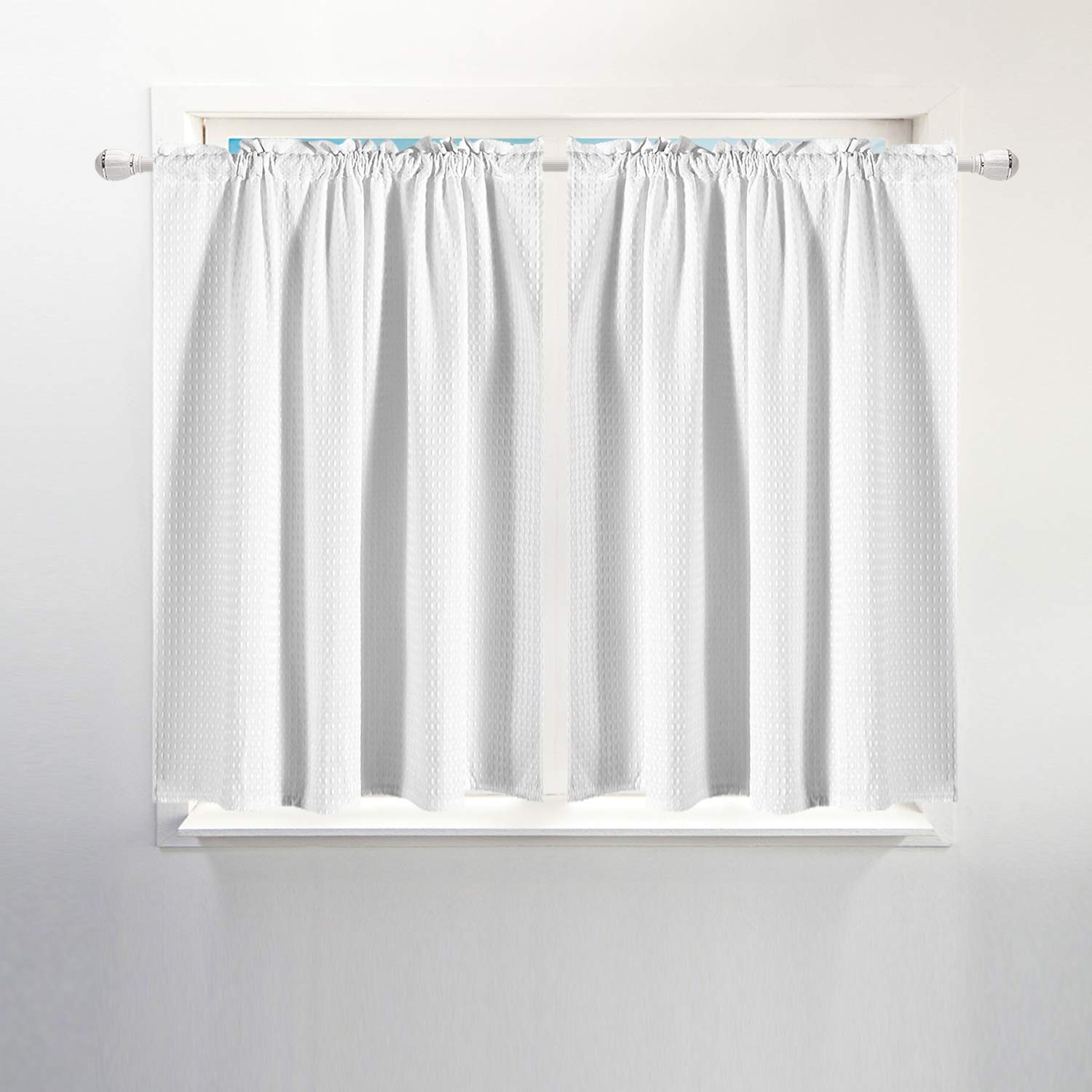 Waffle Weave Half Window Tier Curtains - 54 Inch Length for Small Kitchen & Bathroom Windows (Set of 2) | Waterproof, Washable, White | 36