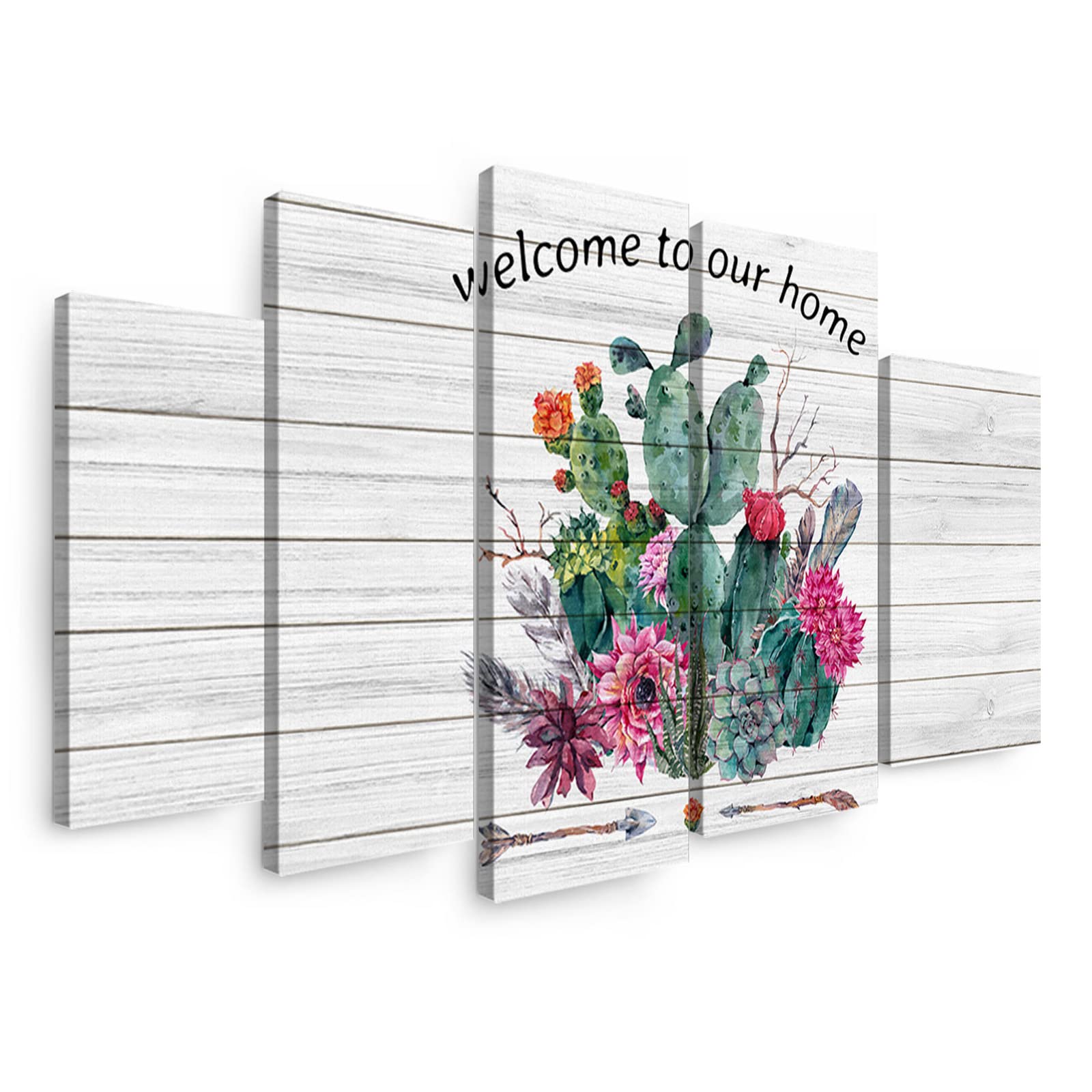 5 Panels Tropical Cactus Wall Art - Vintage Botanical Canvas Prints for Bedroom Decor - Stretched & Framed Ready to Hang - Perfect for Living Room, Office or Beach House Decor