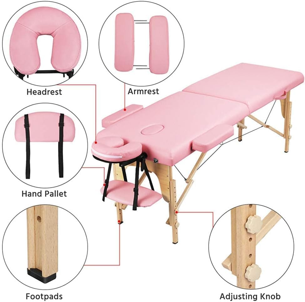 Portable Massage Table - Adjustable 2-Fold Spa Bed with Beech Wood Stands & PVC Leather - 84 Inch Professional Massage Therapy Table for Salon, Home Use - Includes Face Cradle (Pink) - Perfect for Relaxation, Deep Tissue & Swedish Massage Sessions