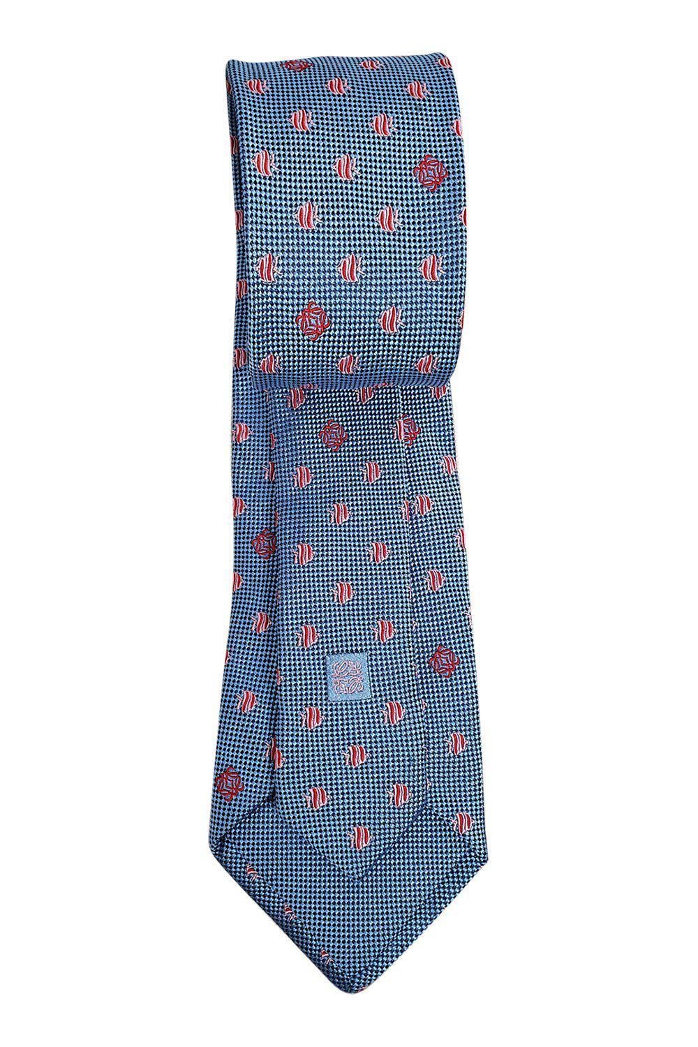 LOEWE 100% Pure Silk Sky Blue Necktie with Pink Logo Fish Pattern - 60