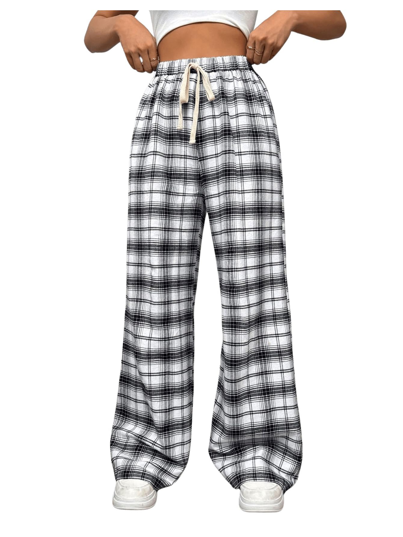 SHENHE Women's Plaid High Waist Drawstring Wide Leg Loose Casual Long Pants - Comfortable Lounge Pants for Home, Office & Travel