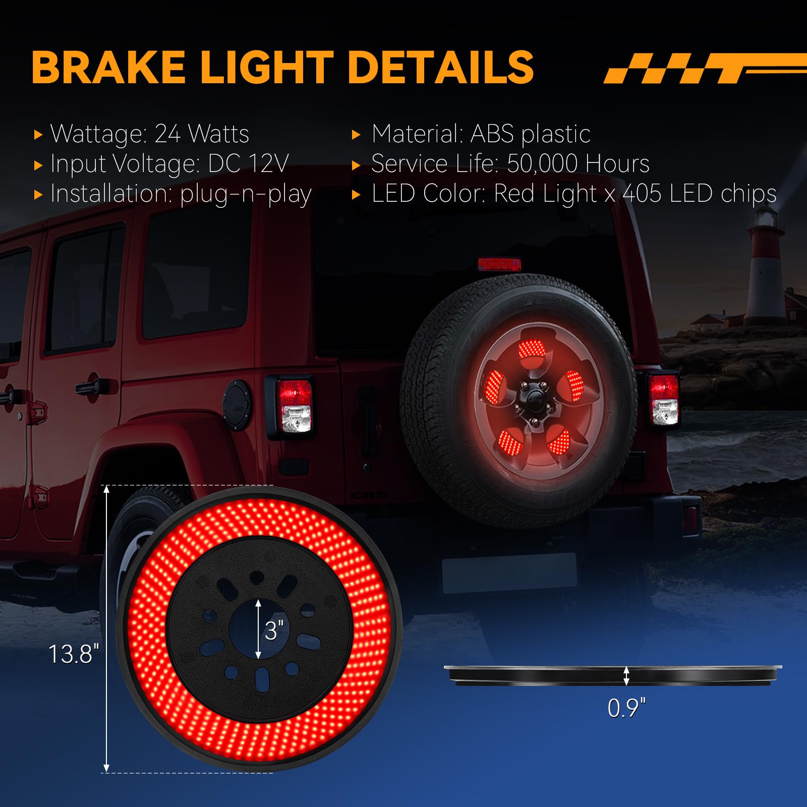 6 Ring 405PCS LED Spare Tire Brake Light for 2007-2018 Jeep Wrangler JK JKU YJ TJ - Plug-N-Play 3rd Brake Light, Red Rear Tail Light Accessories - Perfect for Off-Roading & Night Driving Safety