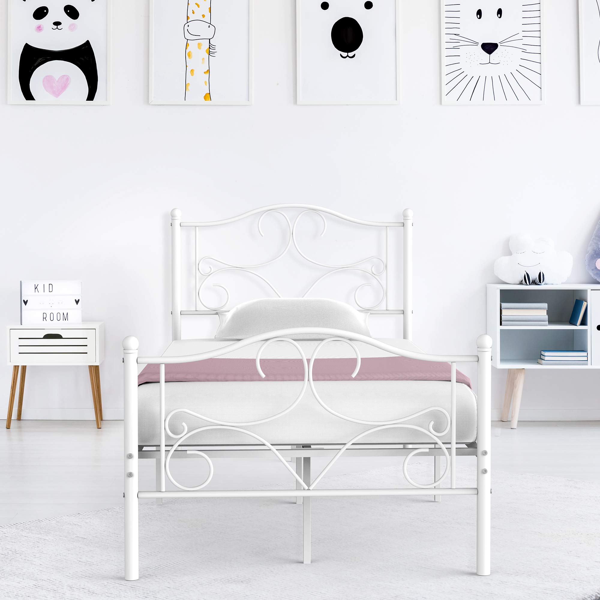 **Curved Twin Size Metal Bed Frame with Storage - No Box Spring Needed, White Platform Bed with Headboard & Footboard for Kids' Room, Dorm, or Guest Bed**