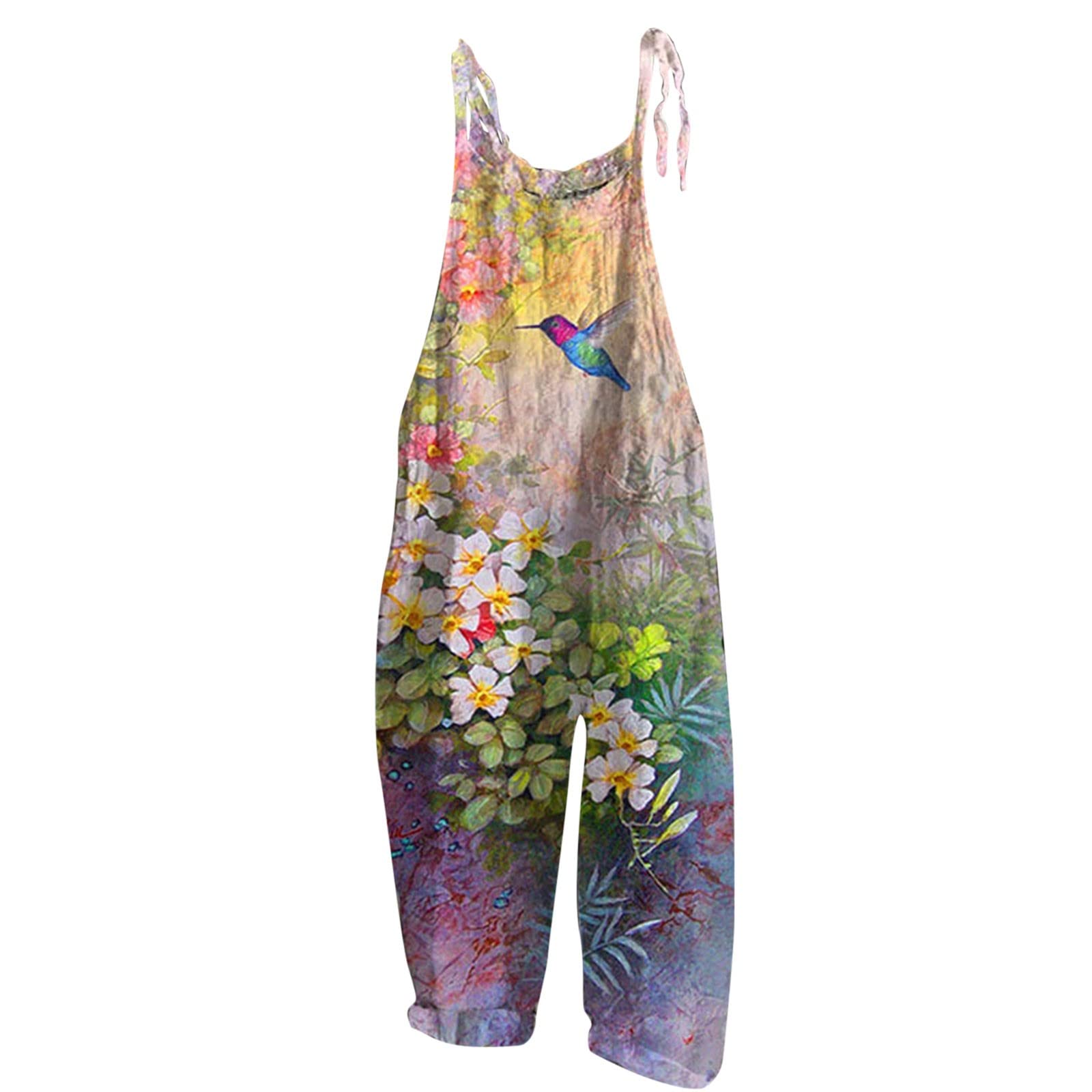 Women's Floral Cotton Jumpsuit - Sleeveless Spaghetti Strap Romper with Tie Front | Casual & Dressy Overalls for Summer, Beach, Party & Everyday Wear