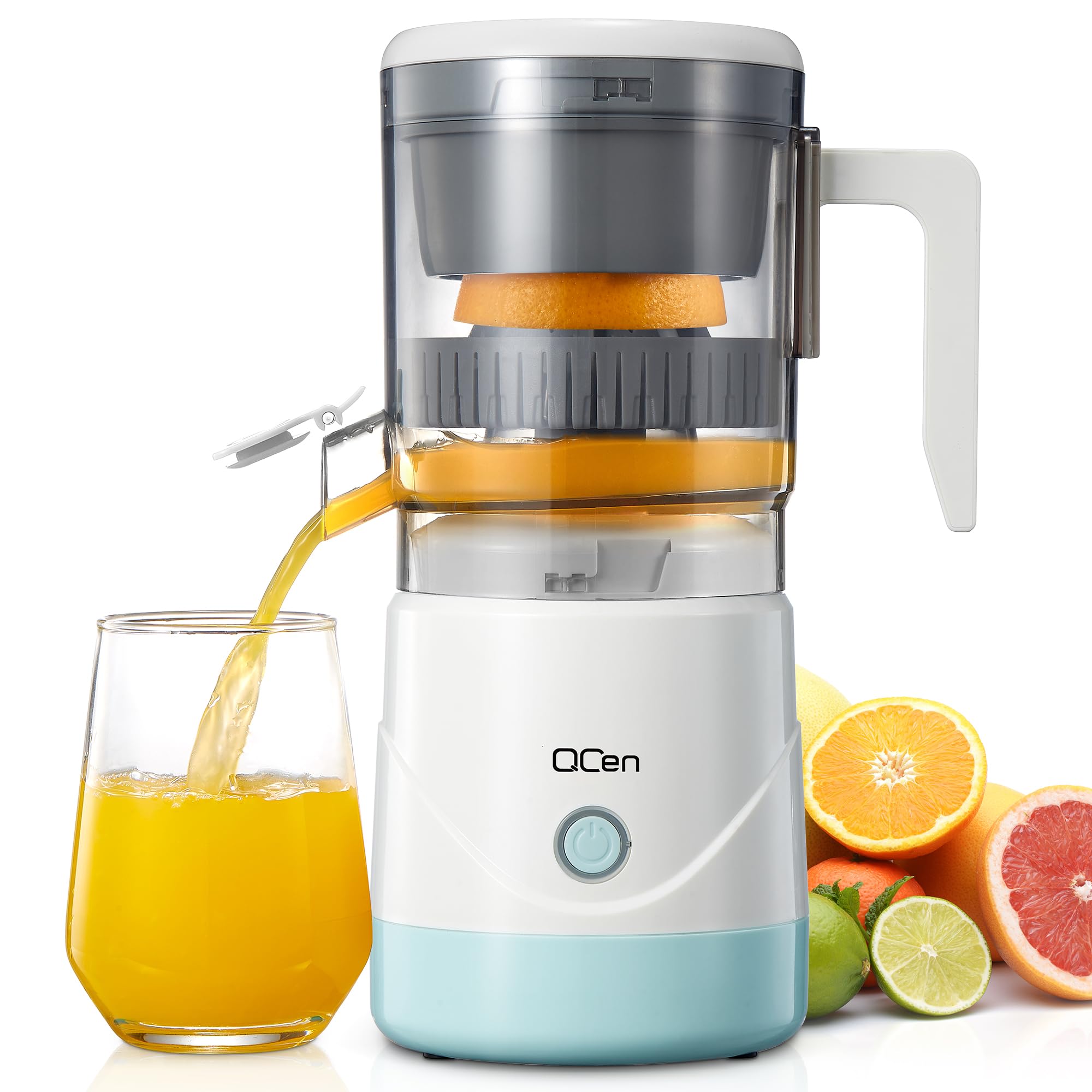 QCen Electric Citrus Juicer - Portable Orange, Lemon & Grapefruit Squeezer with One-Touch Operation, Easy to Use & Clean - Includes Cleaning Brush (White) - Perfect for Breakfast, Juice Bars & Healthy Home Cooking
