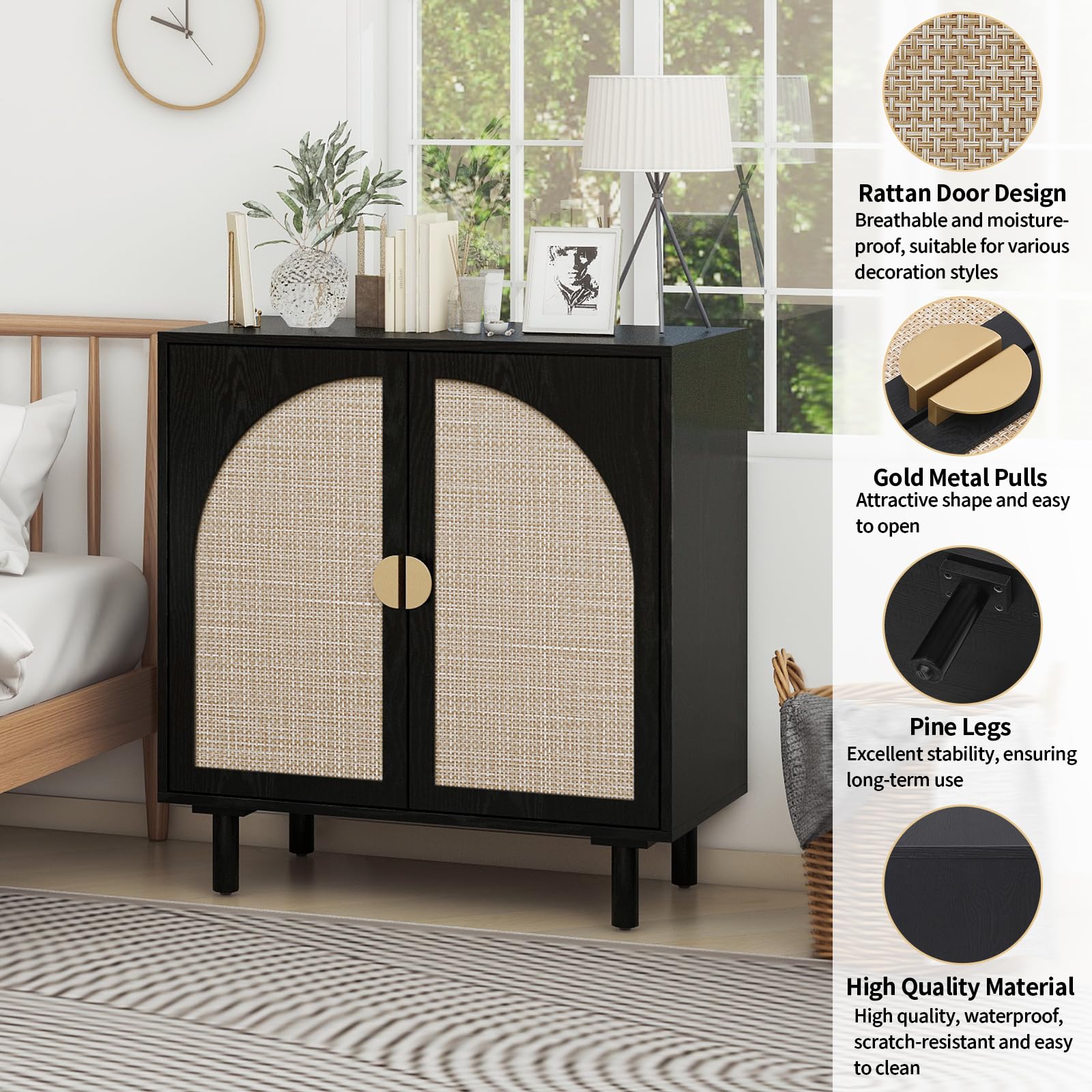 Natural Rattan Sideboard Buffet Cabinet with 2 Wicker Doors - Boho Wood Credenza for Living Room & Kitchen Storage | Accent Furniture for Dining Room, Hallway & Entryway (Black)