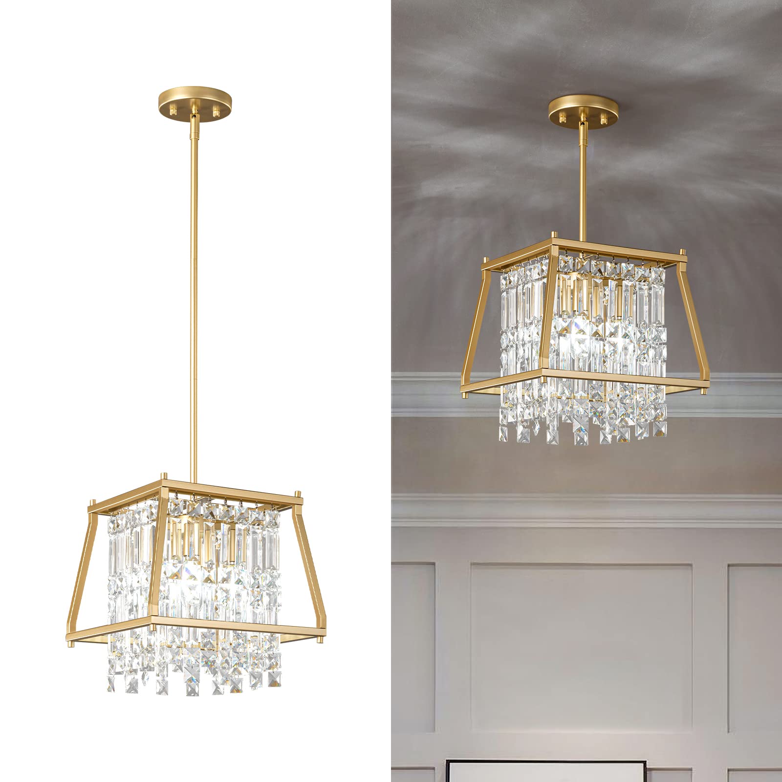 LMQNINE Farmhouse Chandelier - Gold Metal Crystal Pendant Light Fixture for Kitchen Island, Dining Room, Living Room - Flat & Sloped Ceiling (Trapezoid 11.81 Inch) - Perfect for Rustic Home Decor & Wedding Venue Lighting