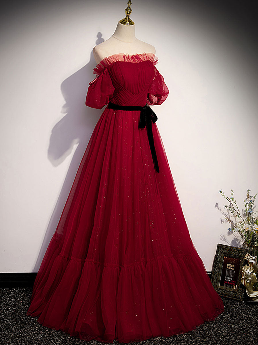 Elegant Burgundy Tulle A-Line Long Prom Dress for Women | Formal Evening Gown for Homecoming, Wedding Guest, and Special Occasions