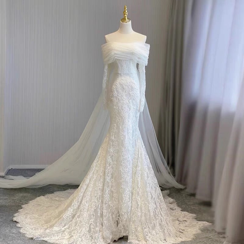 Elegant Off-The-Shoulder Mermaid White Lace Wedding Dress J3234 - Perfect for Beach Weddings, Vow Renewals & Romantic Photoshoots
