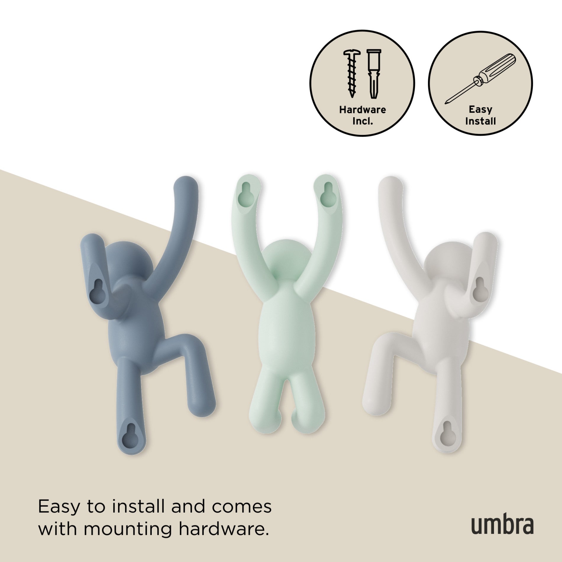Buddy Wall Hooks Set of 3 - Heavy Duty Adhesive Hooks for Hanging Coats, Hats & Keys - Perfect for Home, Office & Dorm Organization