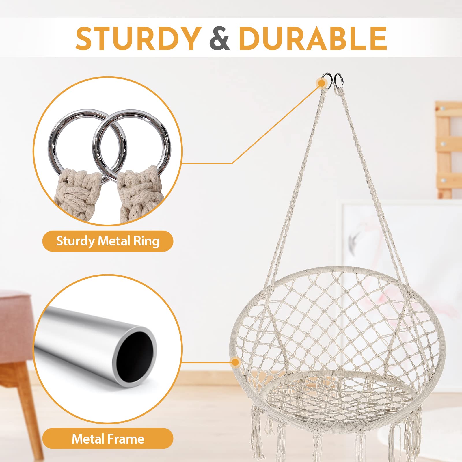 Bohemian Style Macrame Hammock Chair Swing Set of 2 - Handmade Knitted Cotton Rope Hanging Chair with Tassels for Indoor Outdoor Use (Bedroom, Patio, Garden) - Supports Max 330 lbs - Beige & Black - Perfect for Relaxation, Meditation and Boho Home Decor