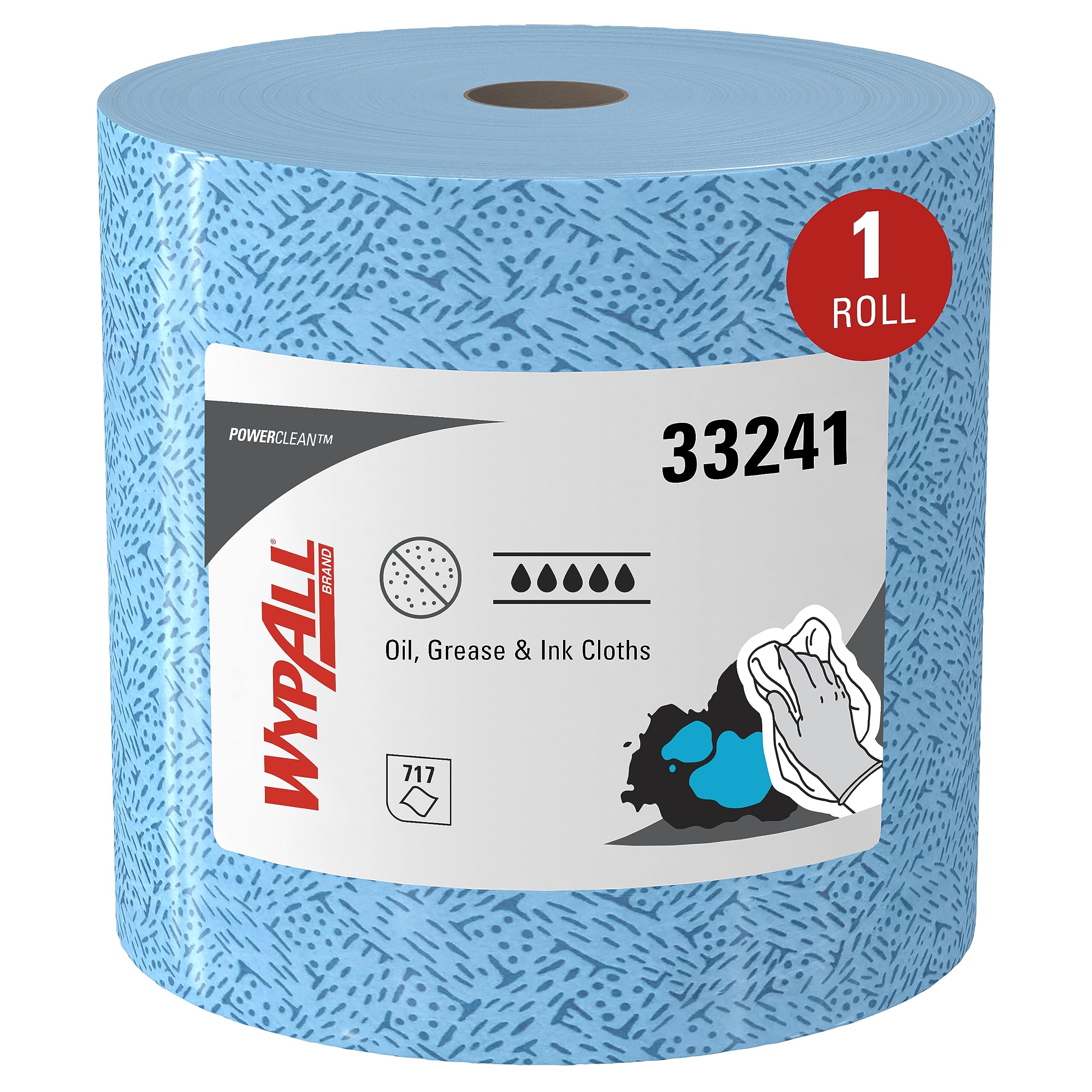WypAll Oil, Grease & Ink Cloths (33241) - Jumbo Lint-Free Industrial Wipes, 1 Roll of 717 Blue Sheets - Heavy-Duty Cleaning for Automotive, Machinery & Workshop Use