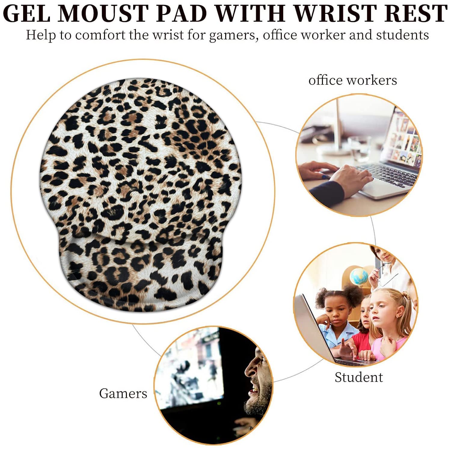 Ergonomic Mouse Pad with Wrist Support Gel - Comfortable Office & Gaming Mouse Mat for Pain Relief, Easy Typing & Extended Use - Includes Bonus Coaster (Leopard Print) - Perfect for Home Office, PC Gaming & Computer Workstations