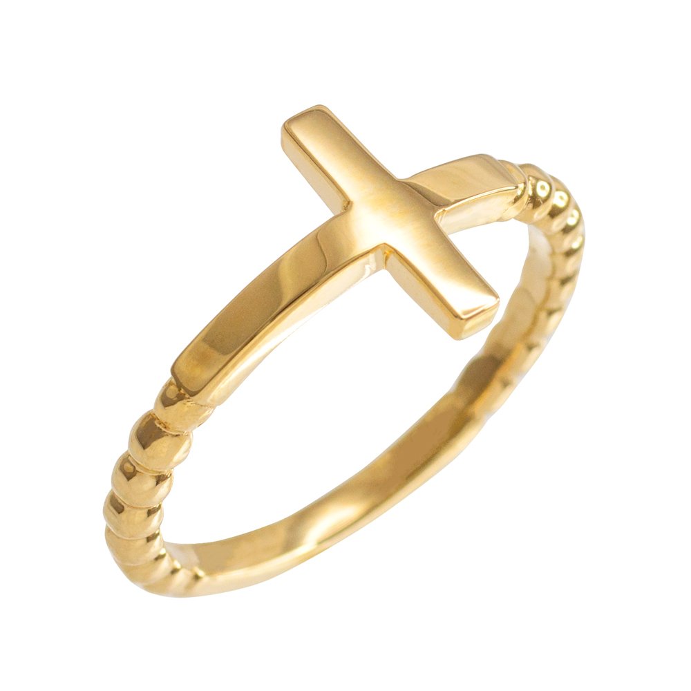 10K Yellow Gold Beaded Band Sideways Cross Ring - Modern Contemporary Jewelry for Women, Perfect for Everyday Wear, Gift Giving & Special Occasions