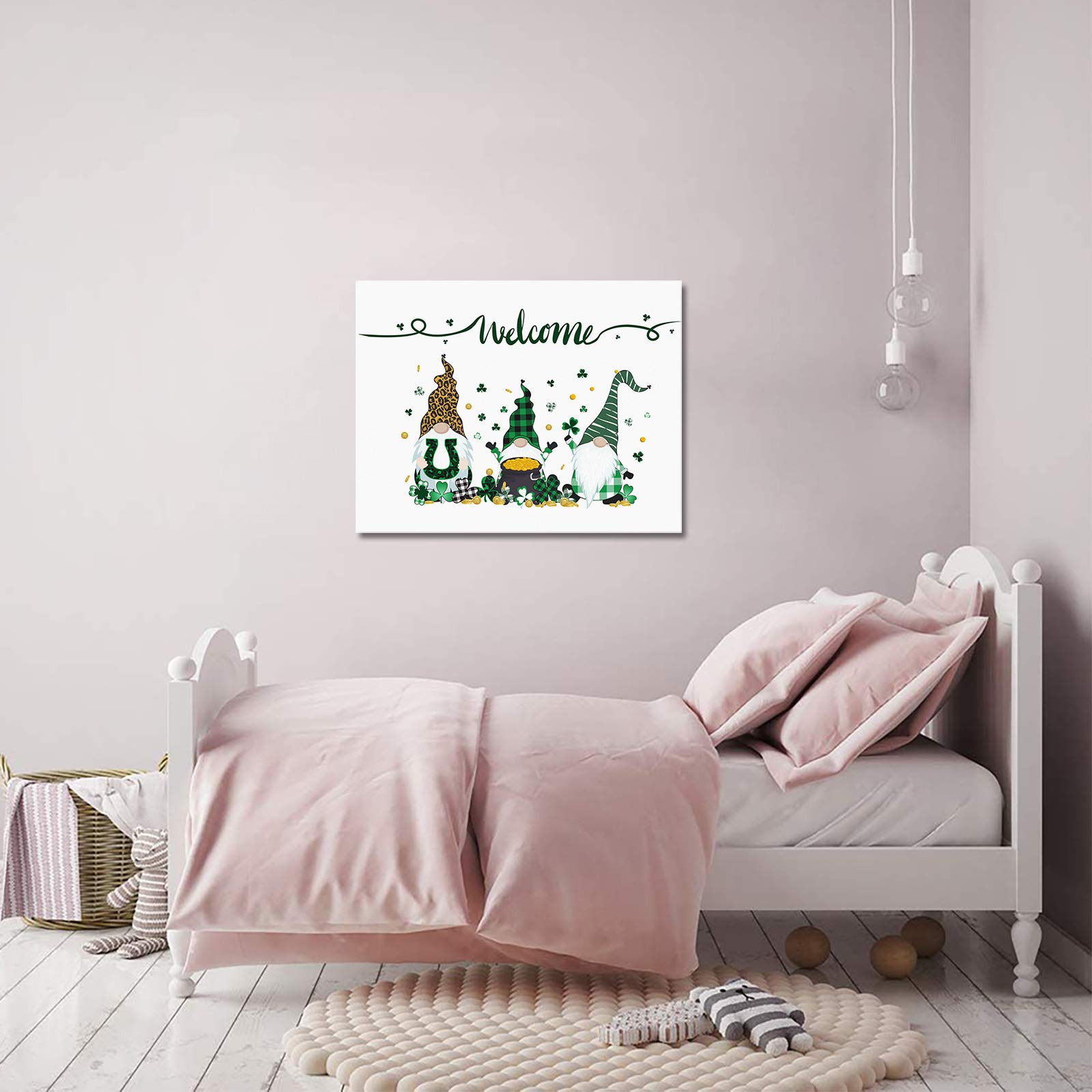 T&H XHome St. Patrick's Day Gnome Wall Art - 12x16 Inch Framed Canvas Oil Painting with Clover Design, Modern Home Decor for Bathroom, Nursery, Office, Living Room & Bedroom | Perfect for Irish-Themed Parties & Holiday Decorations