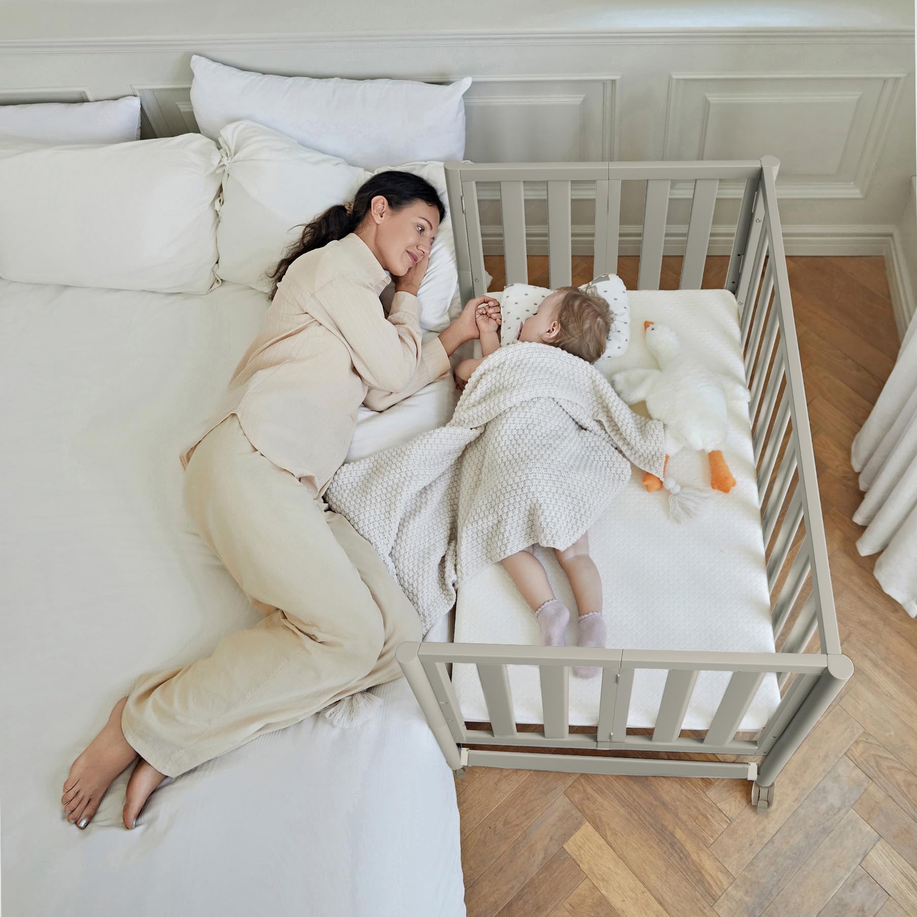 EvoNook 7-in-1 Convertible Mini Crib - Portable Folding Baby Bed with Wheels, 100% New Zealand Pine Wood, 4 Adjustable Heights (Crib to Toddler Bed) - Perfect for Nursery, Small Spaces & Travel