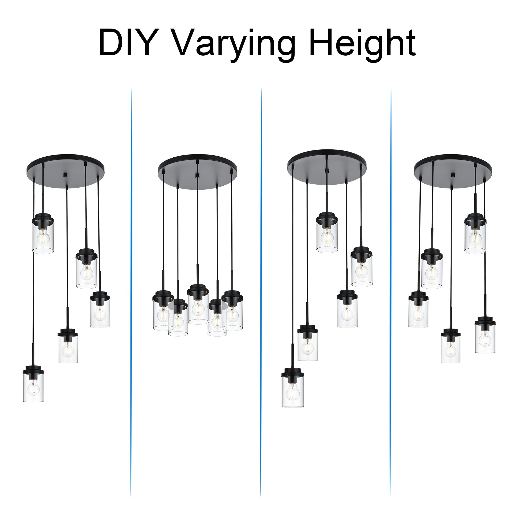 MELUCEE 5-Light Modern Black Pendant Light Fixture with Clear Glass Shade - Cluster Chandelier for Kitchen Island, Dining Room, Living Room Ceiling Lighting | Perfect for Farmhouse, Industrial & Contemporary Home Decor