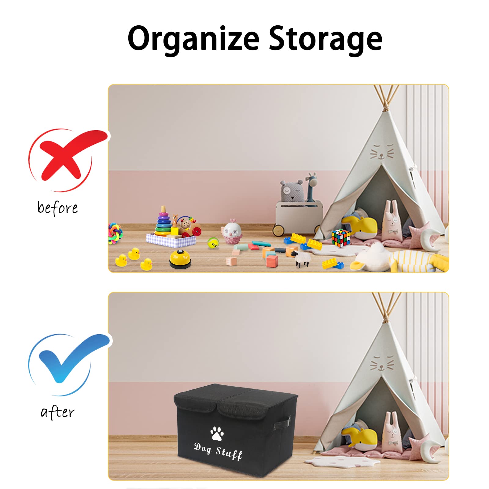 Durable Dog Toy Storage Box with Lid - Pet Organizer Basket for Dog Toys - Perfect for Living Room, Playroom & Closet - Home Organization Solution (Black)