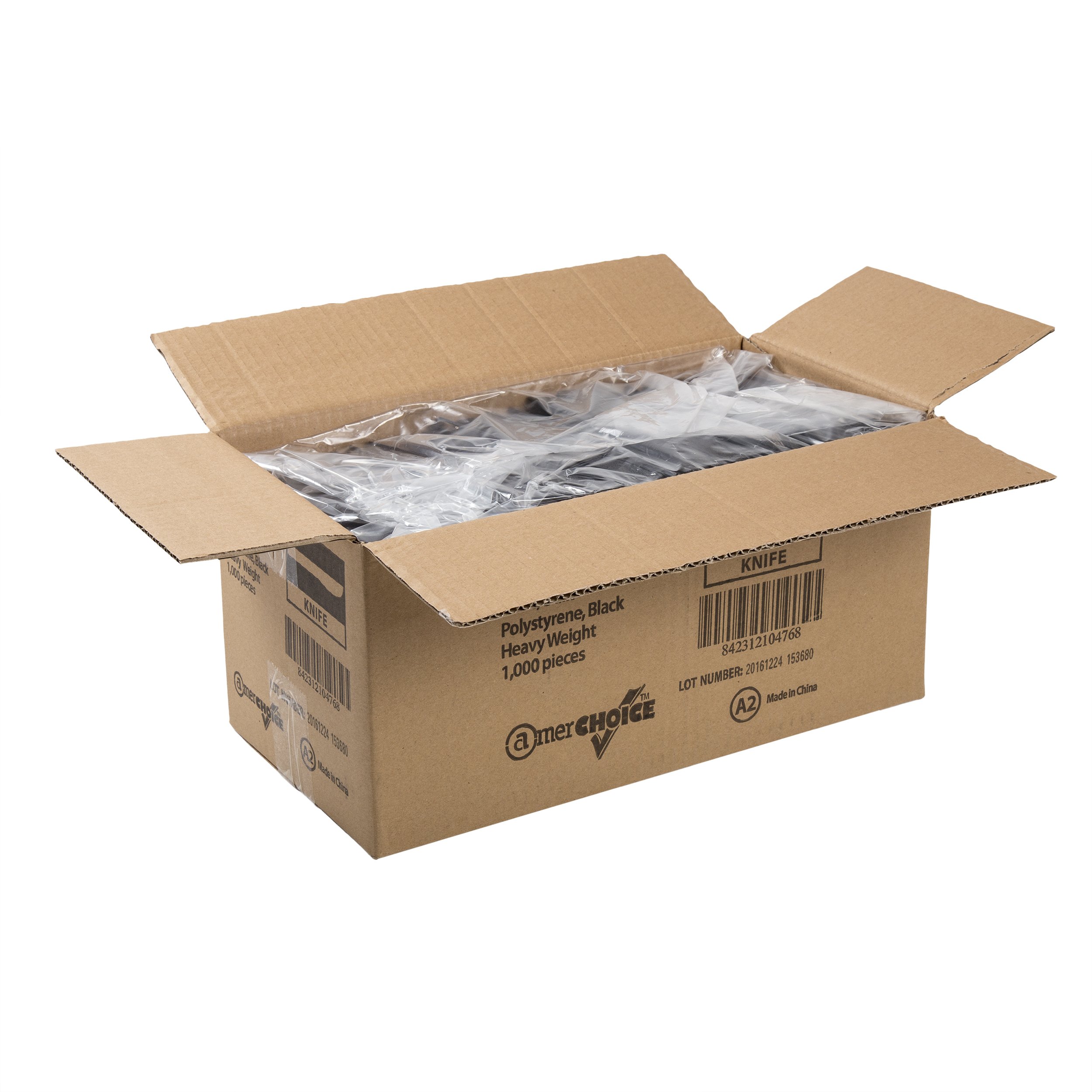 AmerCare Heavy Weight Polystyrene Knives - 1000-Pack Black Disposable Cutlery for Catering, Parties & Picnics