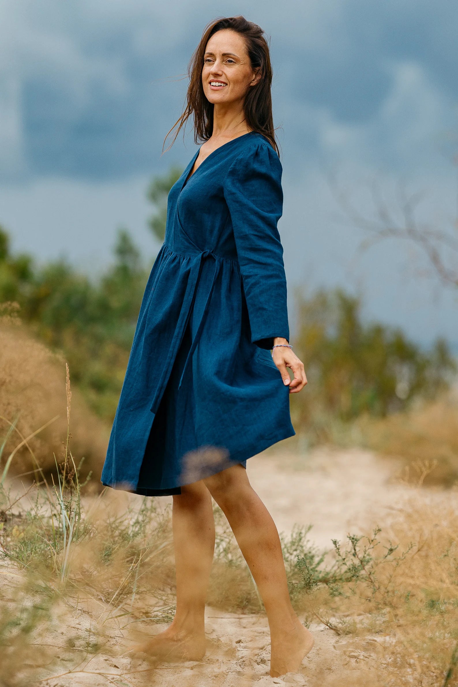 Wrap Linen V-Neck Dress - Venice Style Summer Beach Cover Up & Casual Day Outfit
