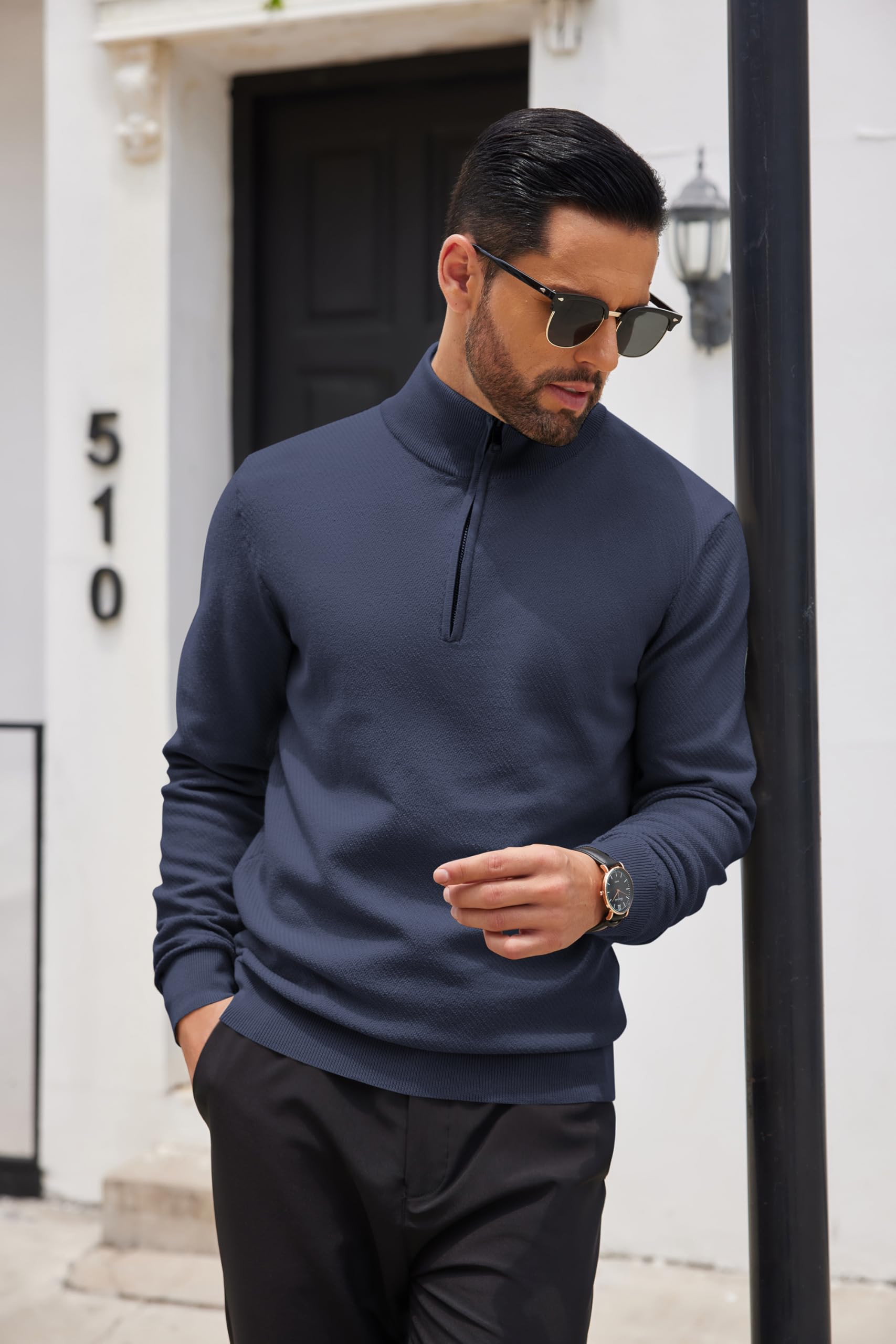 COOFANDY Men's Slim Fit Quarter Zip Sweater - Lightweight Knit Pullover with Mock Neck, Long Sleeve Casual Sweater for Work, Travel & Outdoor Activities