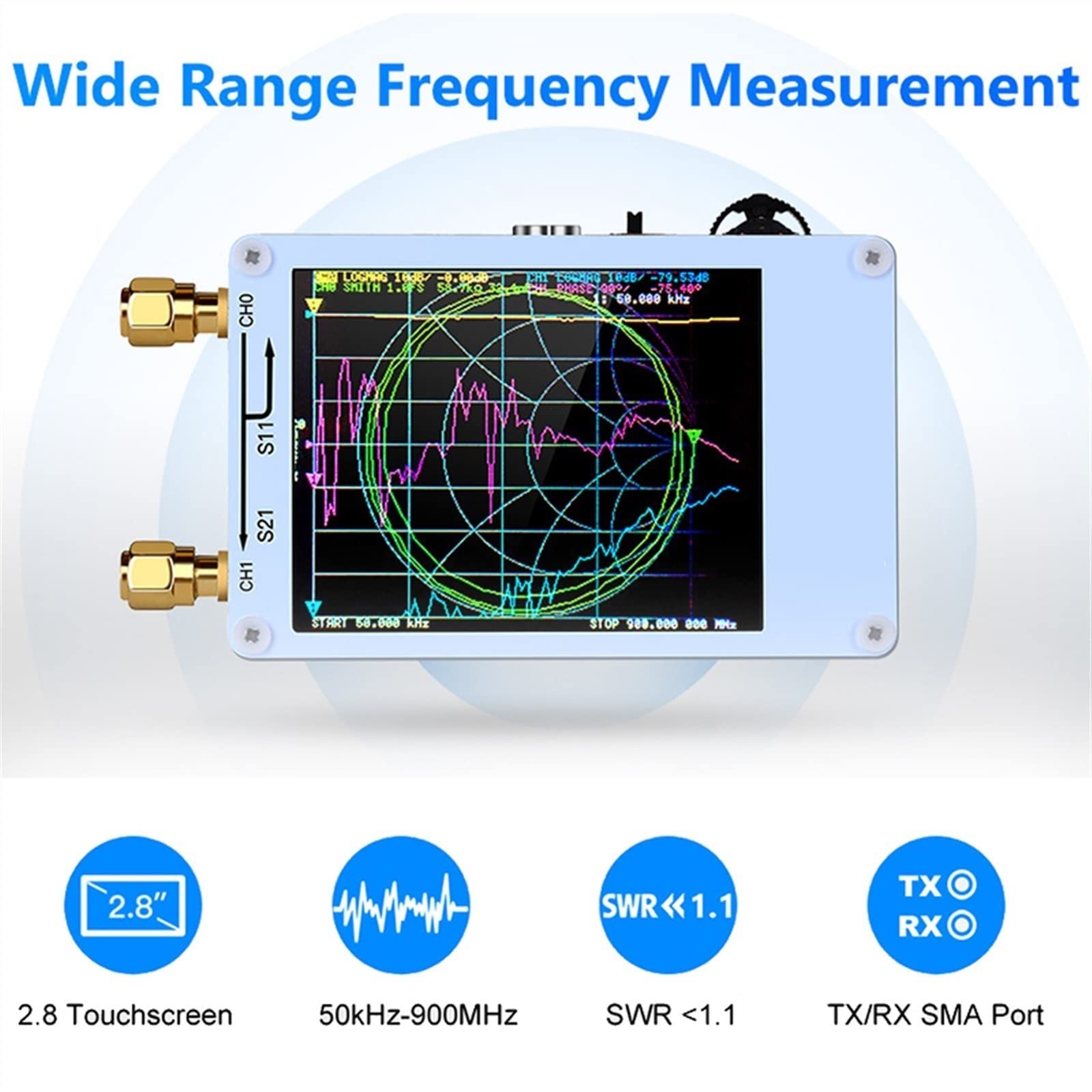 50KHz-900MHz Digital Vector Network Analyzer with Touch Screen - MF/HF/VHF/UHF Antenna Analyzer for Shortwave, Standing Wave Measurement - Perfect for Ham Radio, RF Testing & Electronics Labs